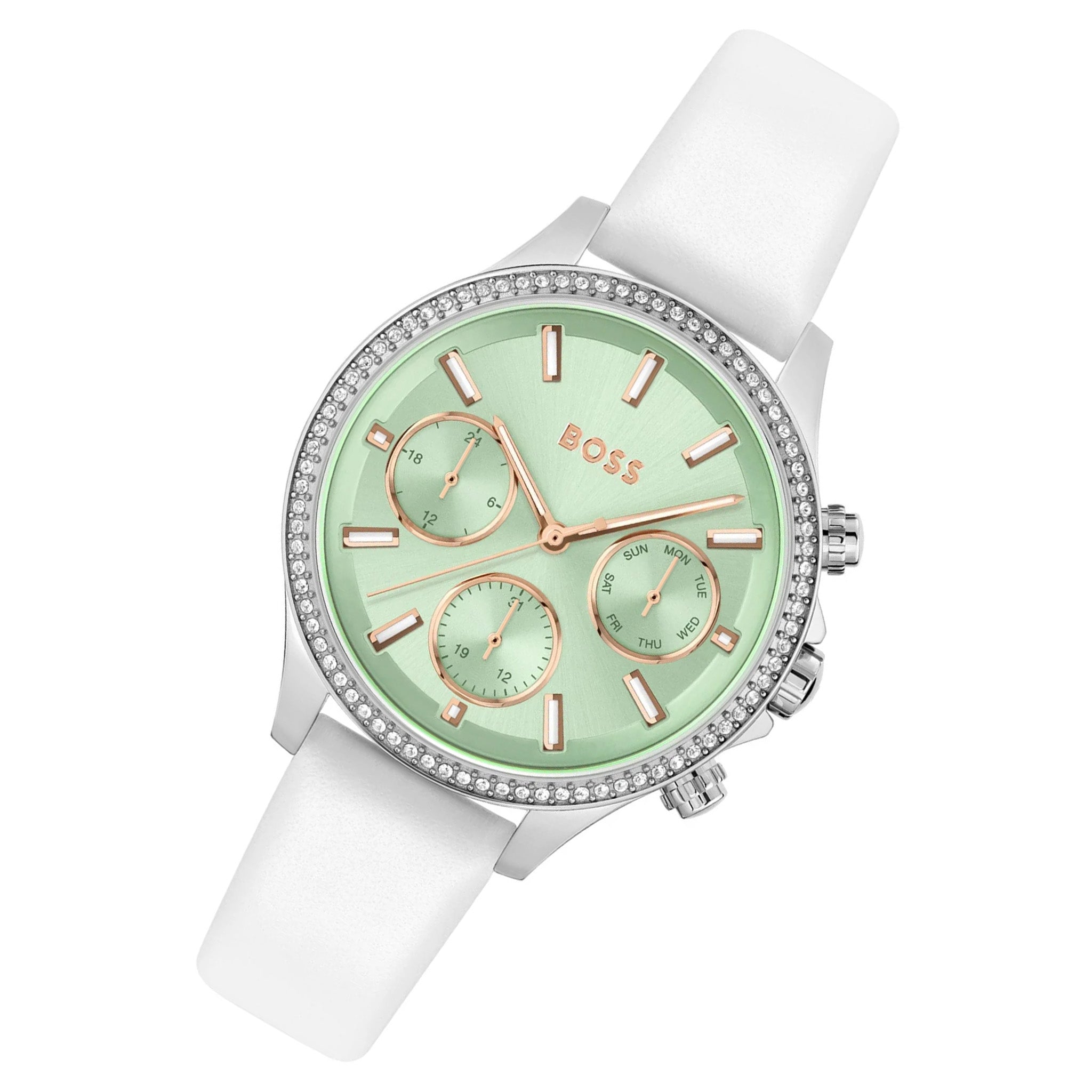 Hugo Boss White Leather Green Dial Women's Multi-function Watch - 1502629
