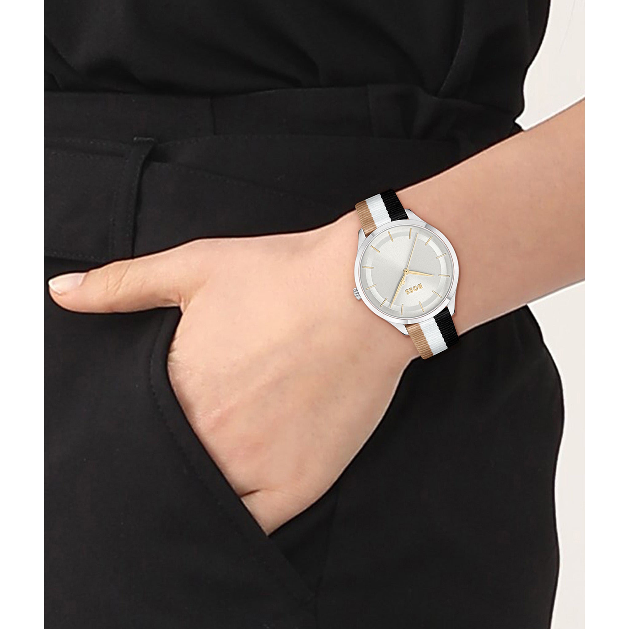 BOSS by Hugo Boss Multicolour Nylon Silver White Dial Slim Women's Watch - 1502694