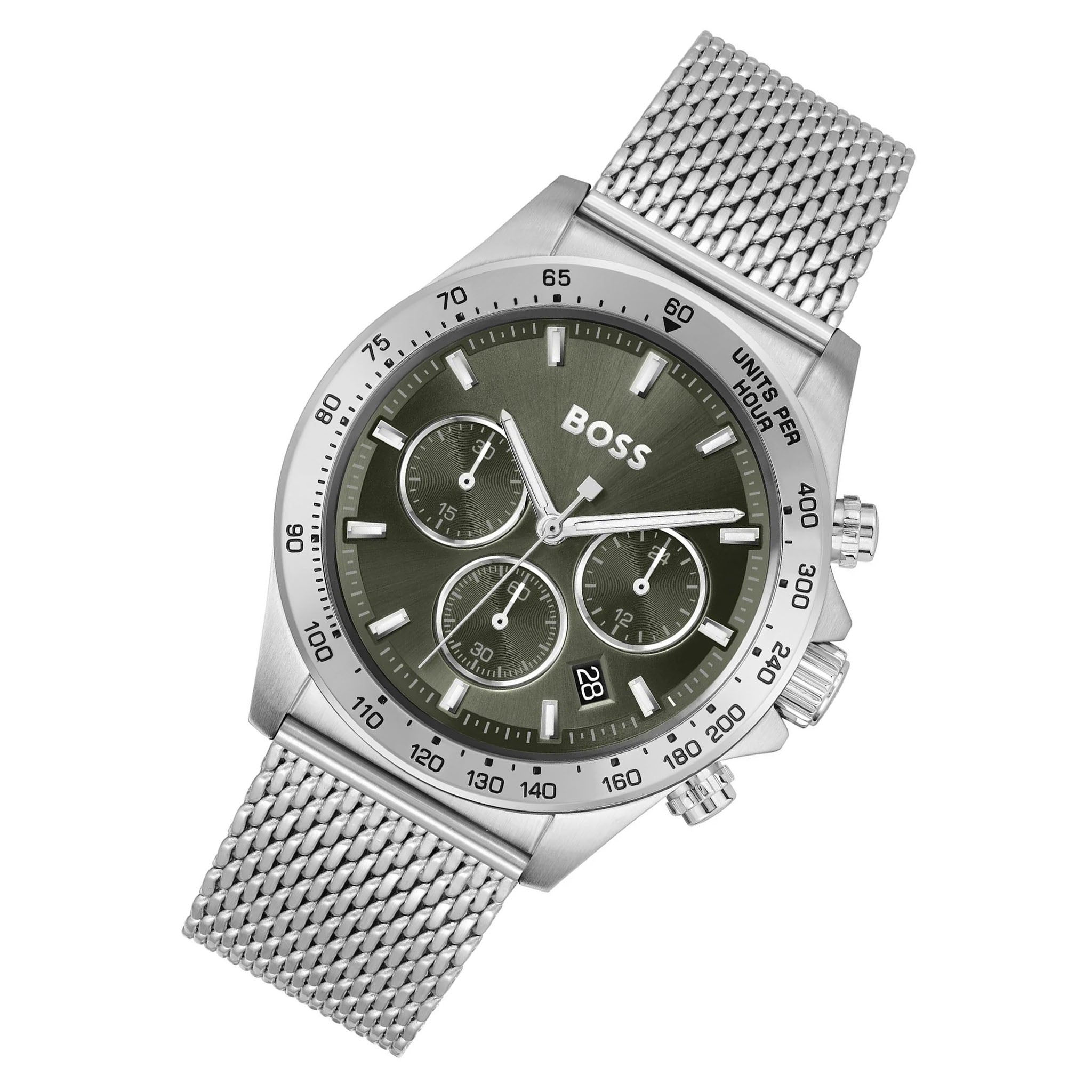 Hugo Boss Silver-tone Steel Mesh Green Dial Chronograph Men's Watch - 1514020