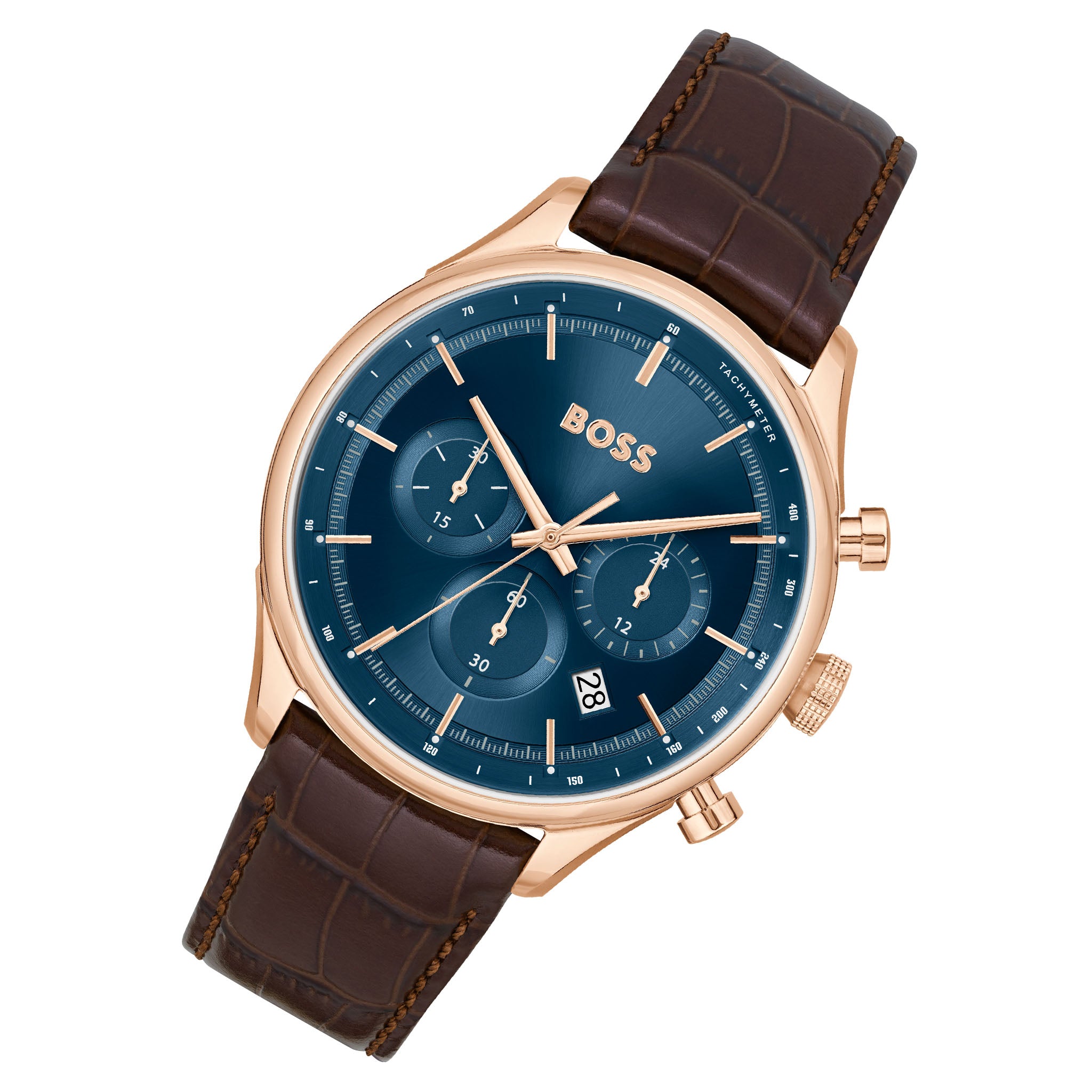 Hugo Boss Brown Leather Blue Sunray Dial Chronograph Men's Watch - 1514050