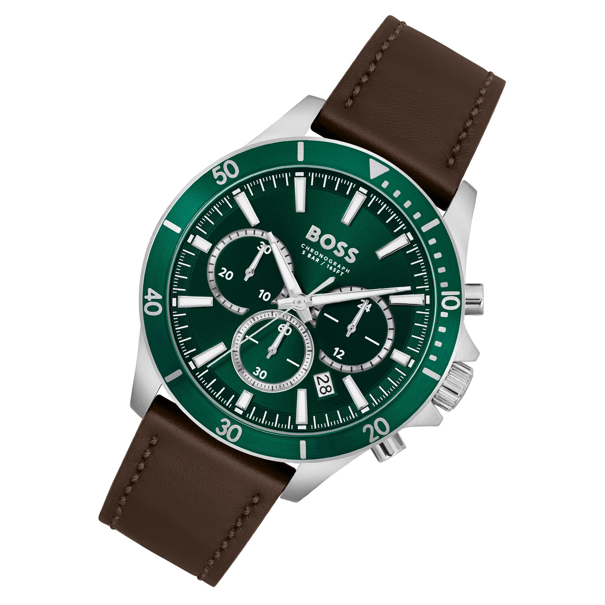 Hugo Boss Dark Brown Leather Green Dial Chronograph Men's Watch - 1514098