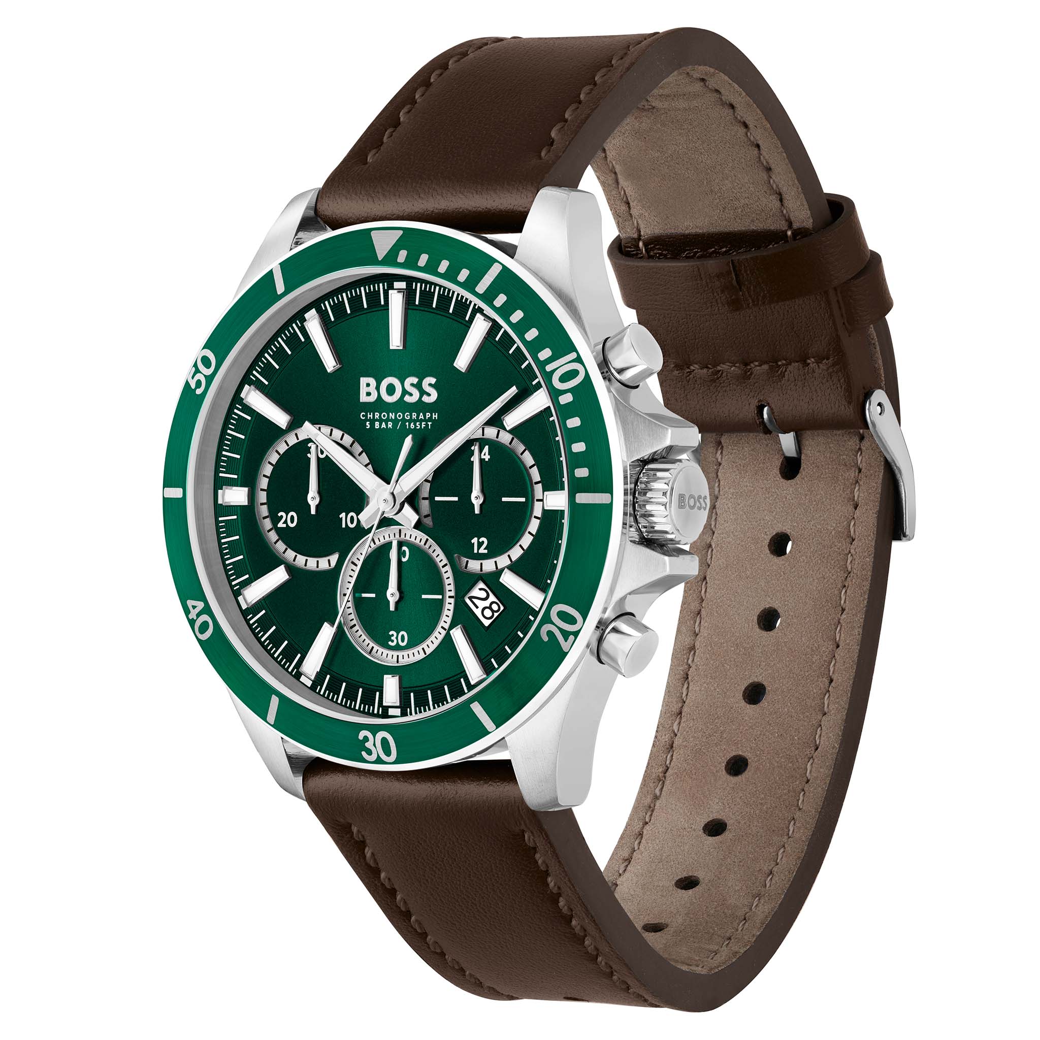 Hugo Boss Dark Brown Leather Green Dial Chronograph Men's Watch - 1514098