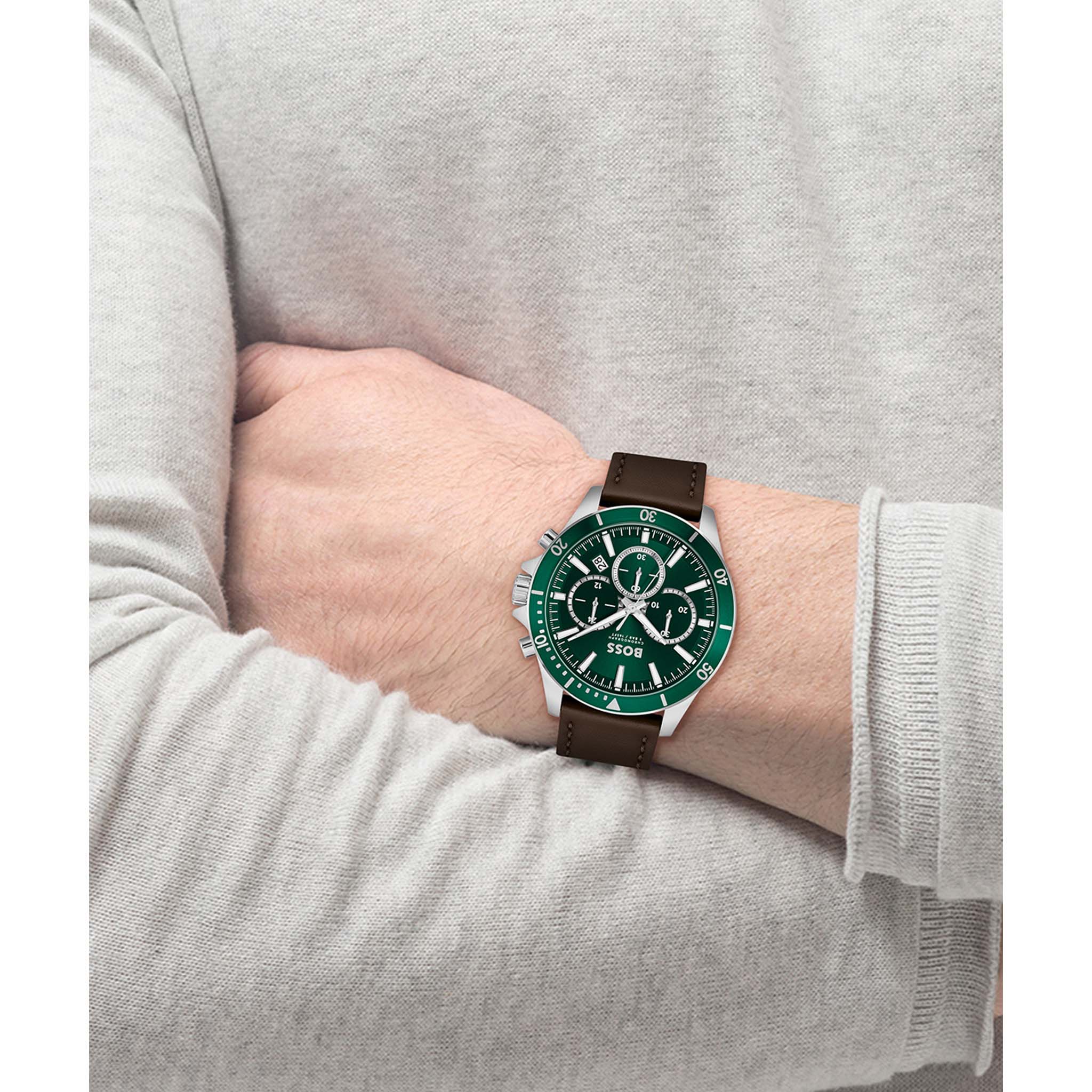 Hugo Boss Dark Brown Leather Green Dial Chronograph Men's Watch - 1514098
