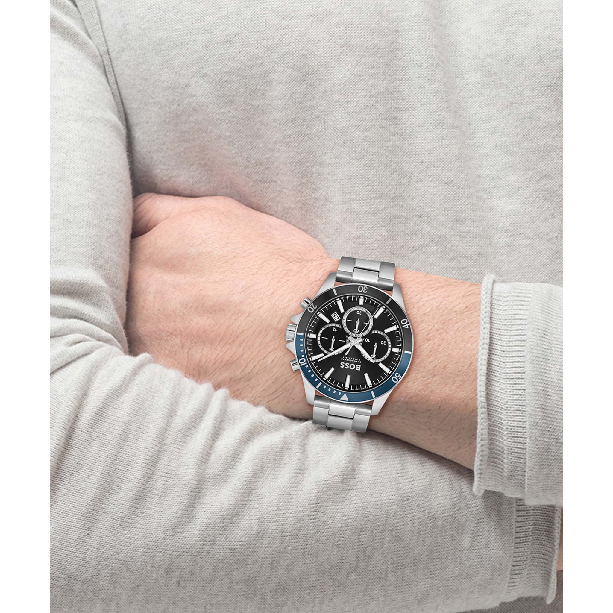 Hugo Boss Silver Steel Black Dial Chronograph Men's Watch - 1514101