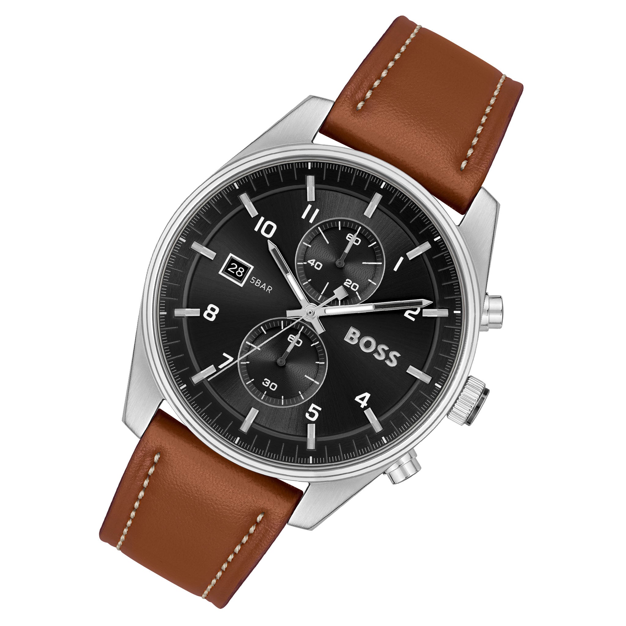 Hugo Boss Brown Leather Black Sunray Dial Chronograph Men's Watch - 1514161