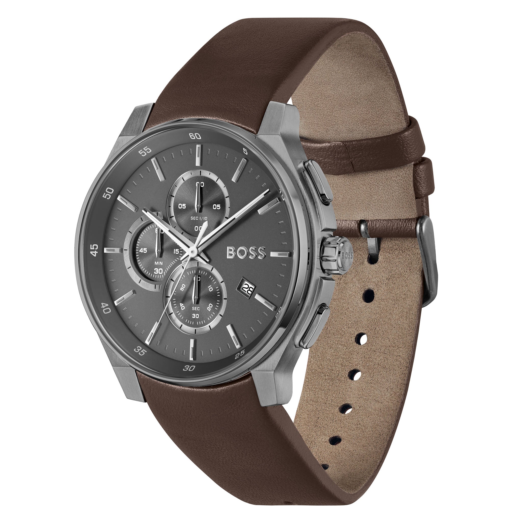 BOSS by Hugo Boss Brown Leather Grey Dial Chronograph Men's Watch - 1514187