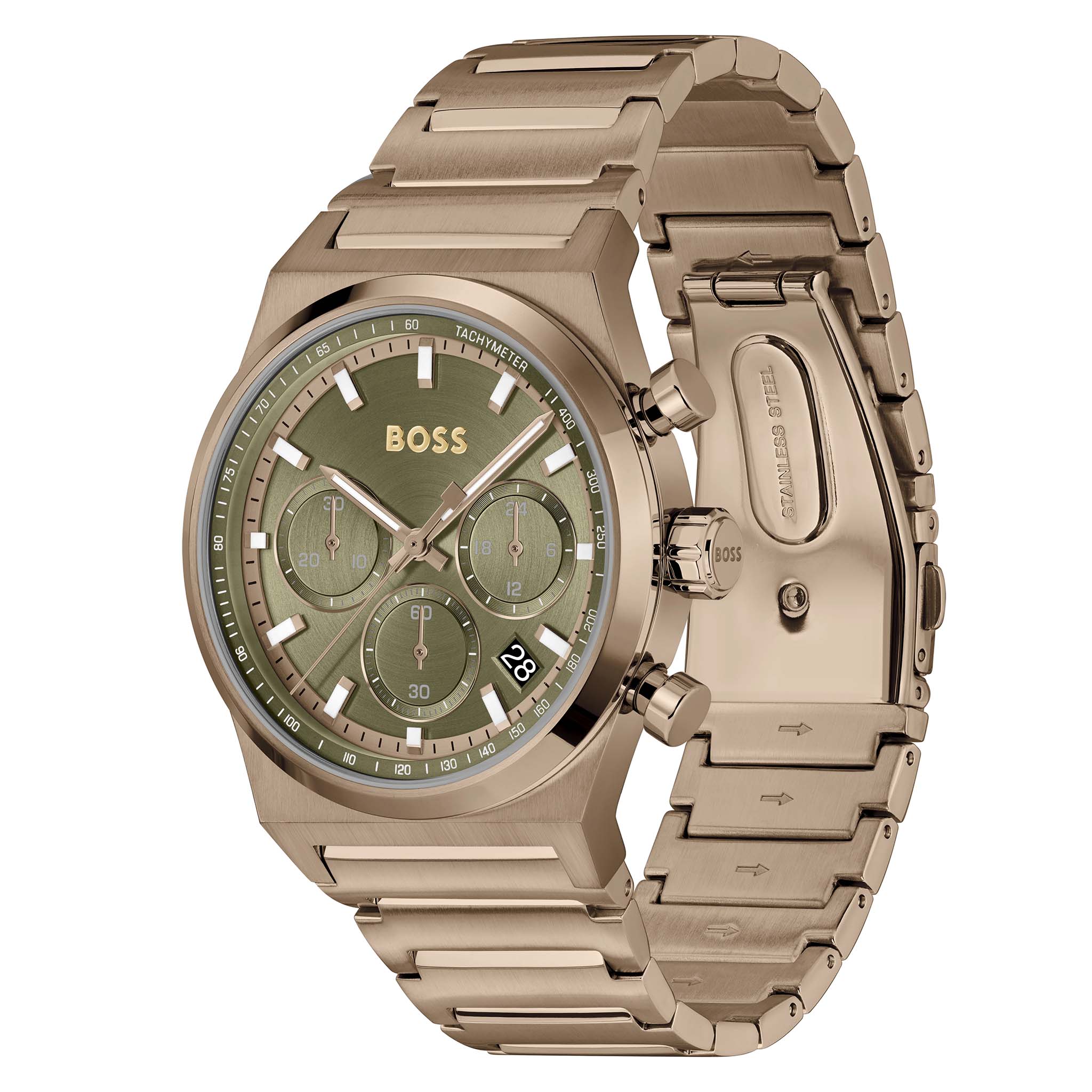 Hugo Boss Beige Gold Steel Olive Green Dial Chronograph Men's Watch - 1514222
