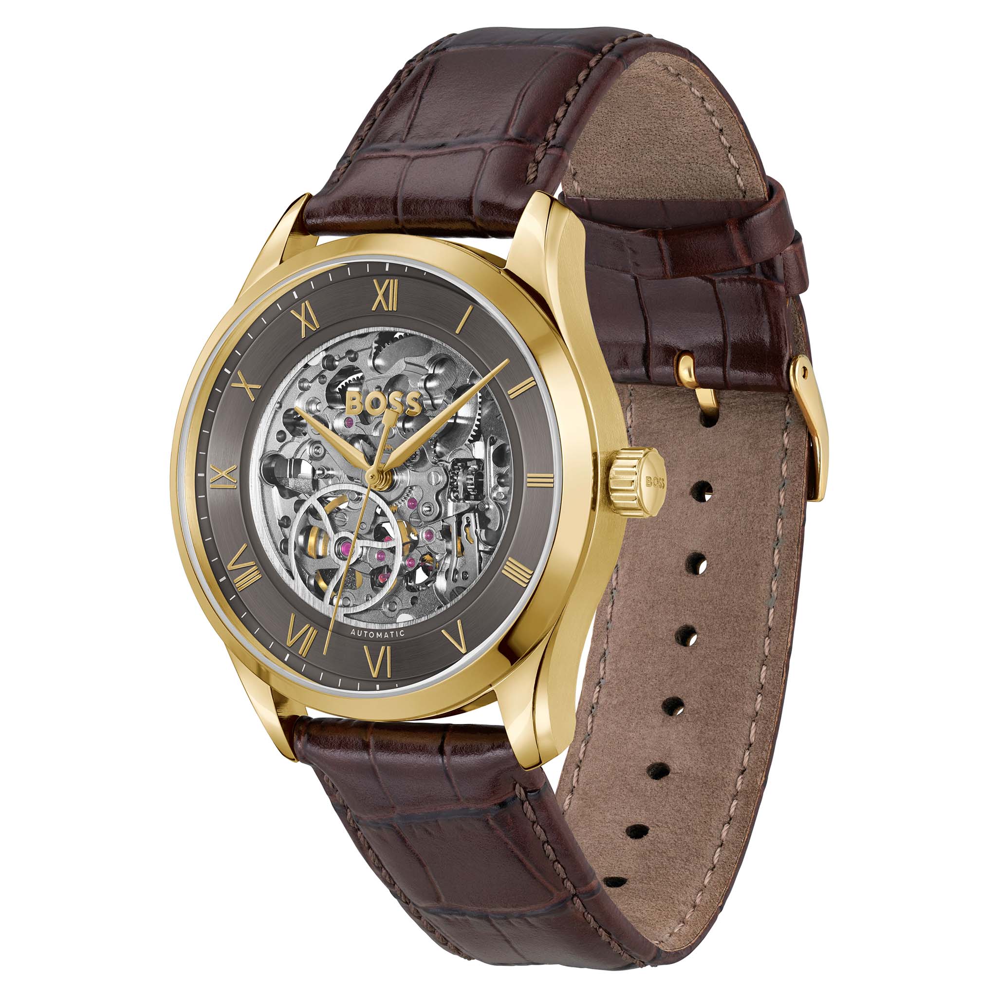 Hugo Boss Brown Calfskin Leather Dark Grey Dial Mechanical-Automatic Men's Watch - 1514235