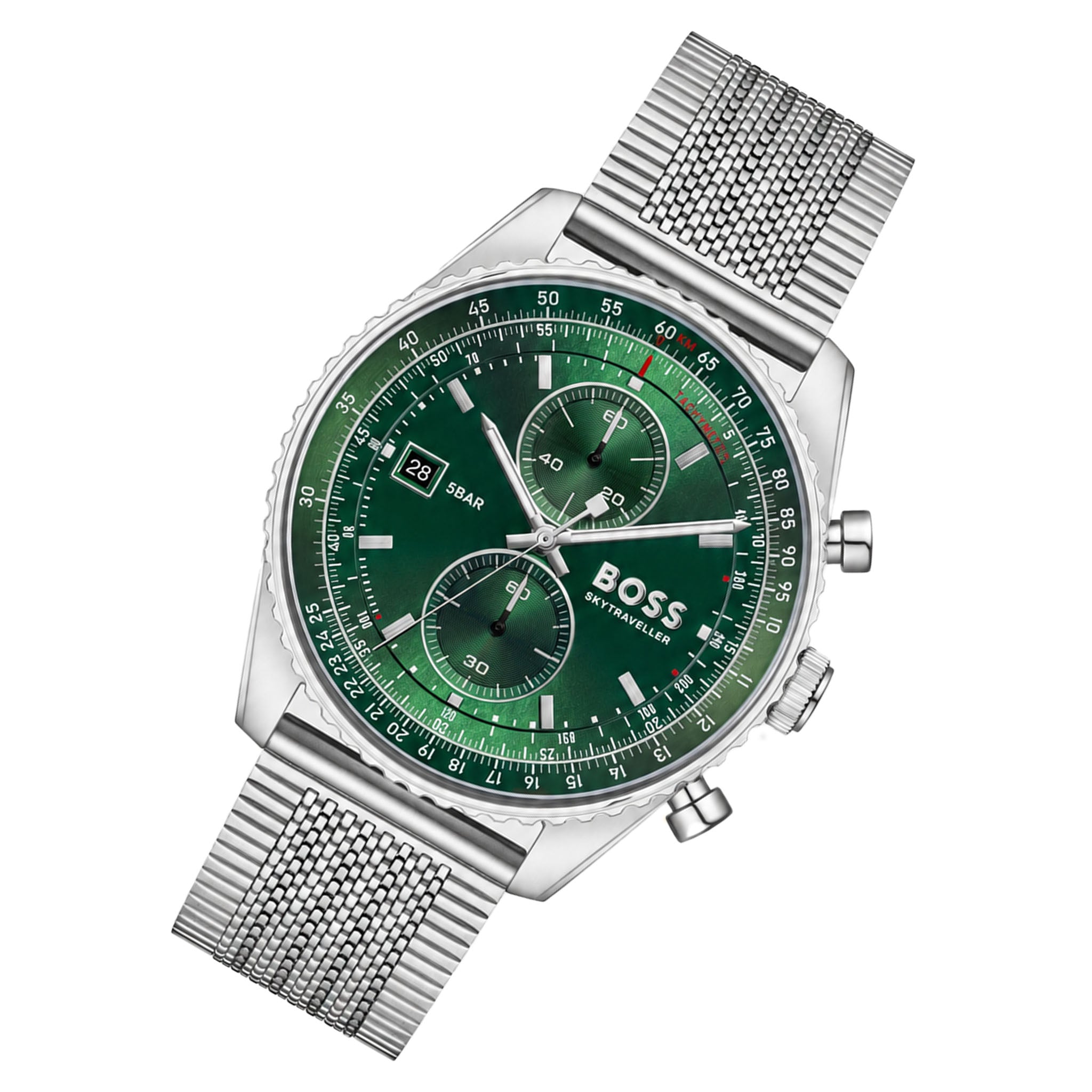BOSS by Hugo Boss Silver Steel Mesh Green Dial Chronograph Men's Watch - 1514347