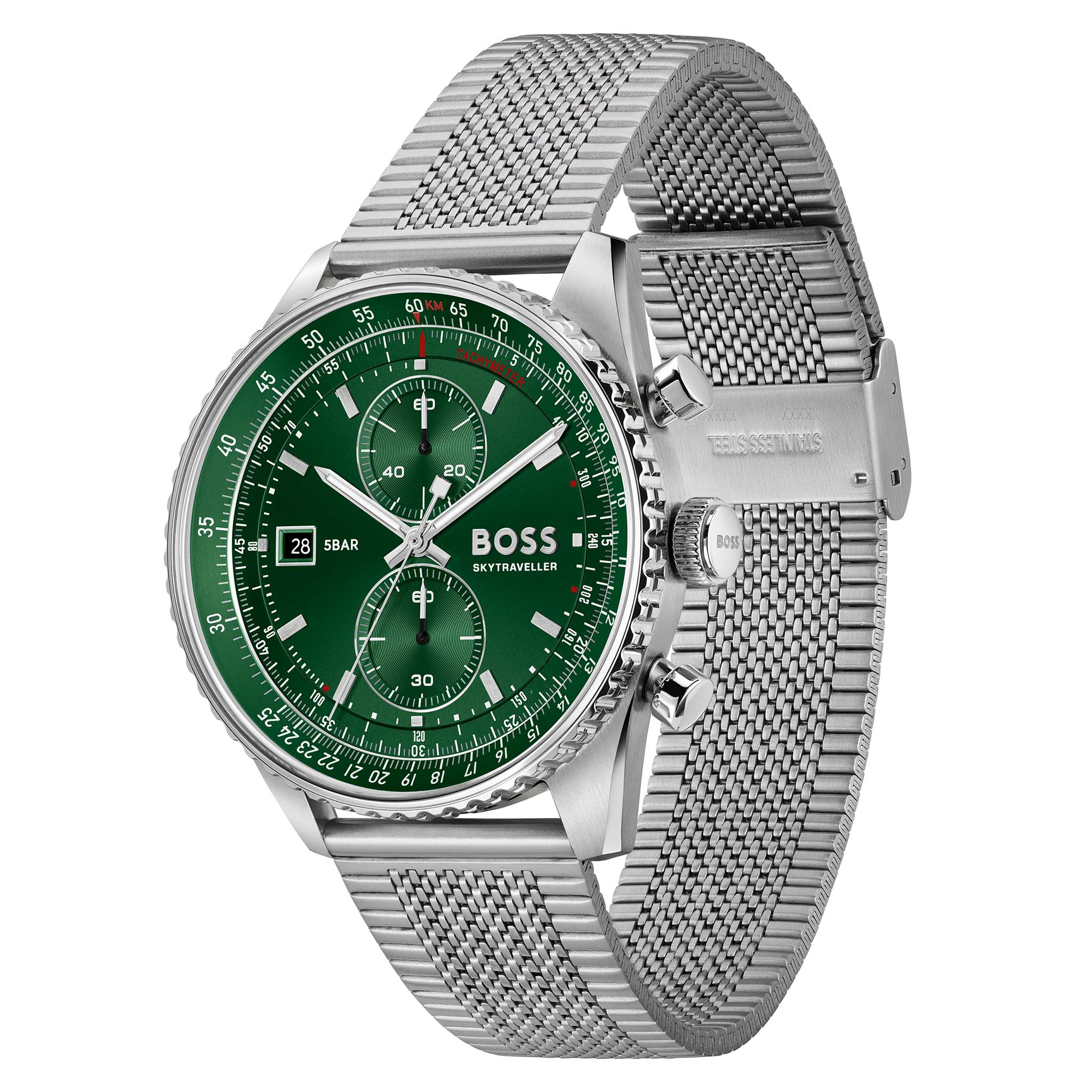 BOSS by Hugo Boss Silver Steel Mesh Green Dial Chronograph Men's Watch - 1514347