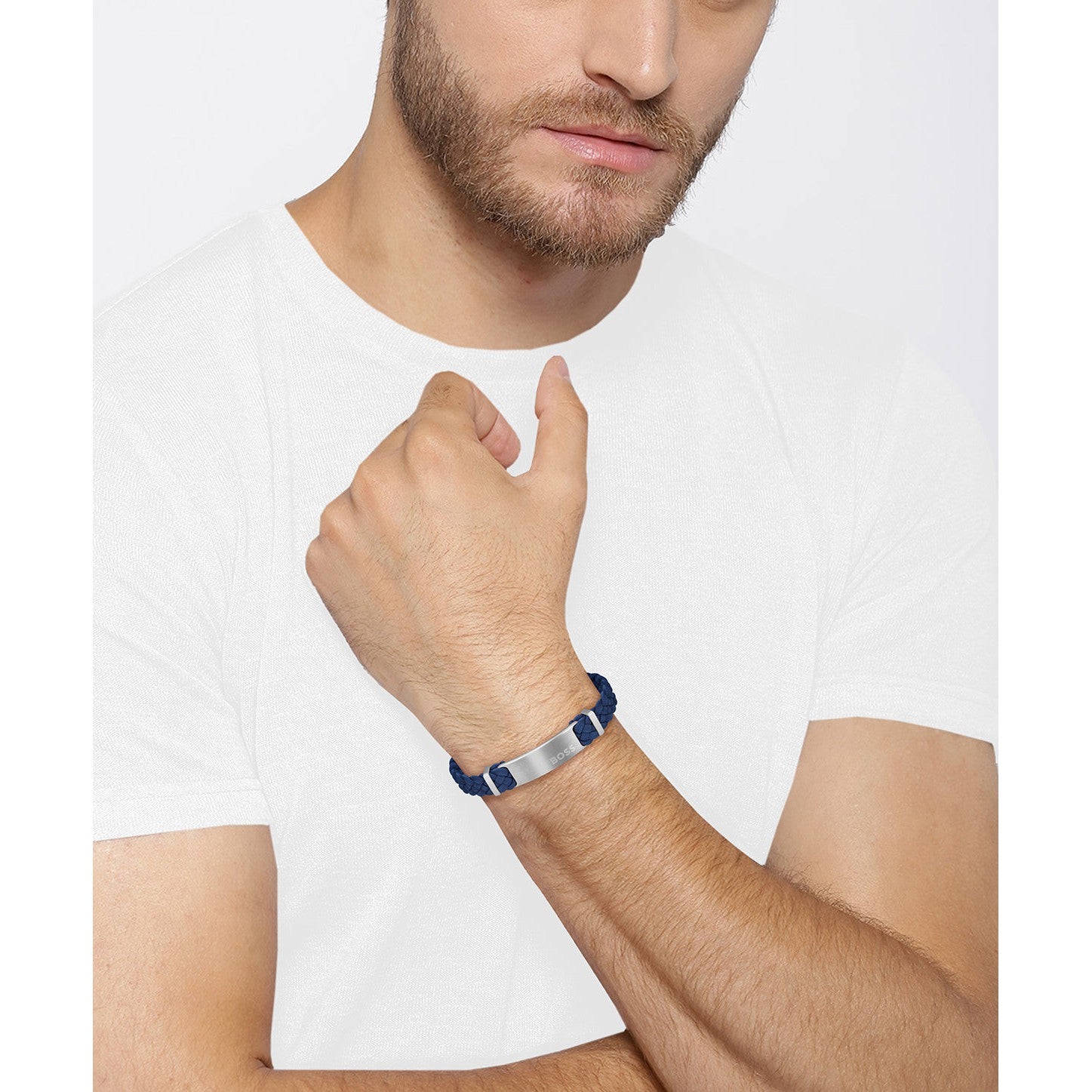 Hugo Boss Jewellery Stainless Steel & Navy Leather Men's Bracelet - 1580609M