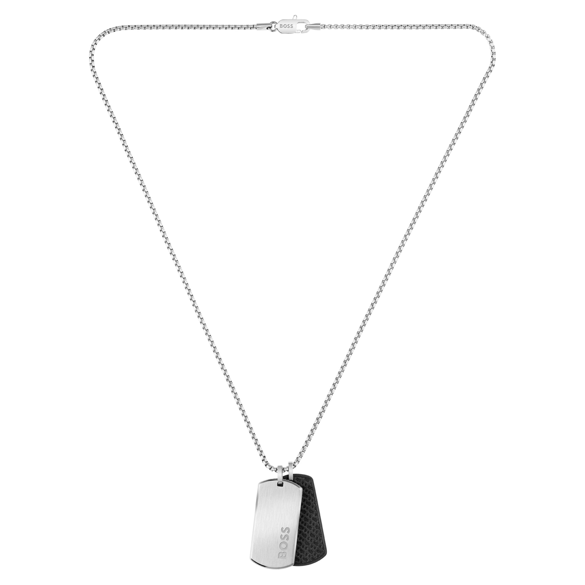 Boss Jewellery Stainless Steel & Black Leather Men's Pendant With Chain Necklace - 1580760