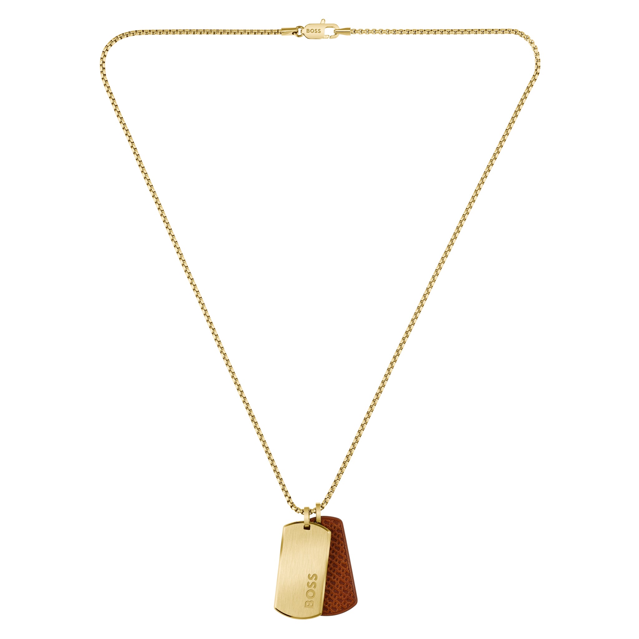 Boss Jewellery Gold Steel & Brown Leather Men's Pendant with Chain Necklace - 1580835