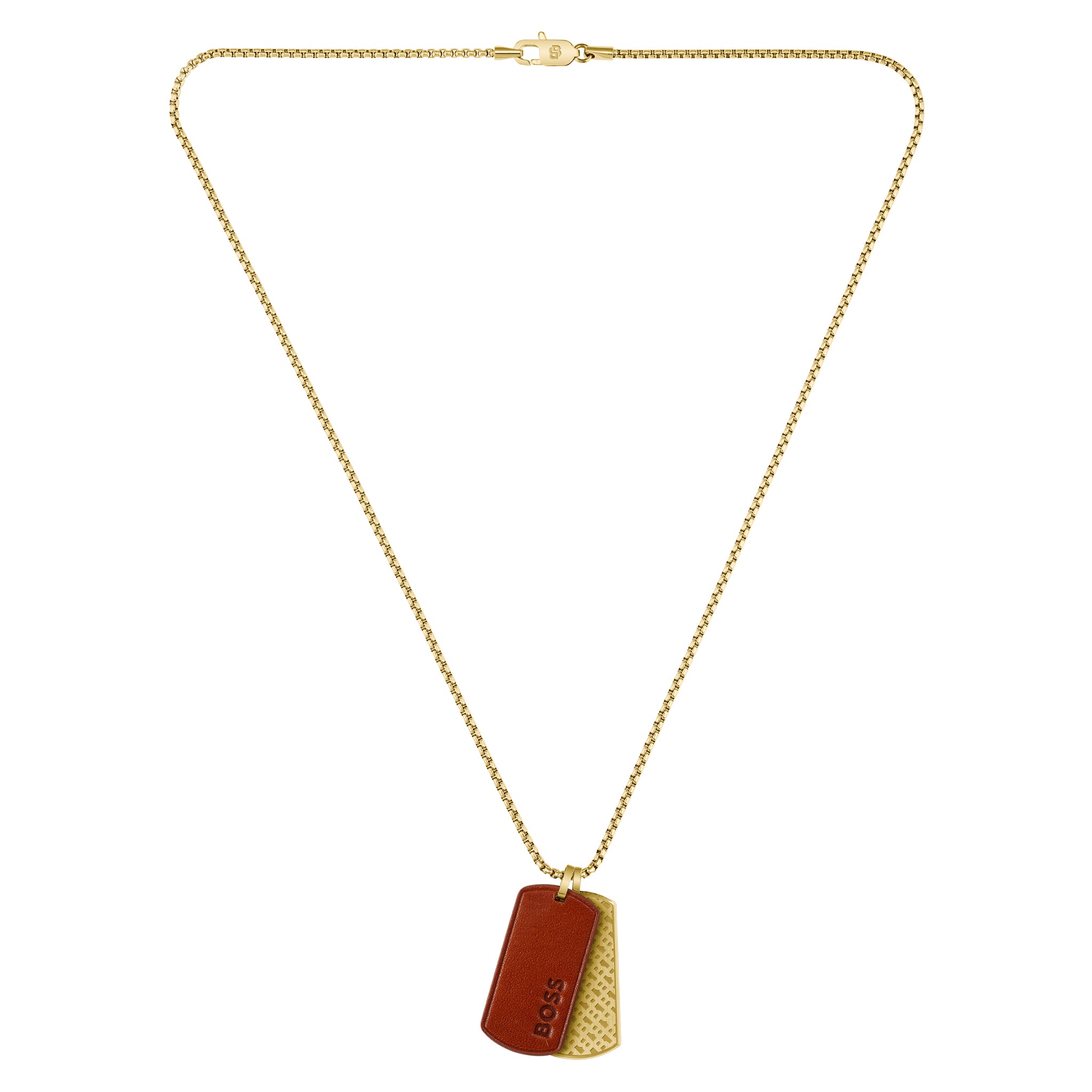 Boss Jewellery Gold Steel & Brown Leather Men's Pendant with Chain Necklace - 1580835