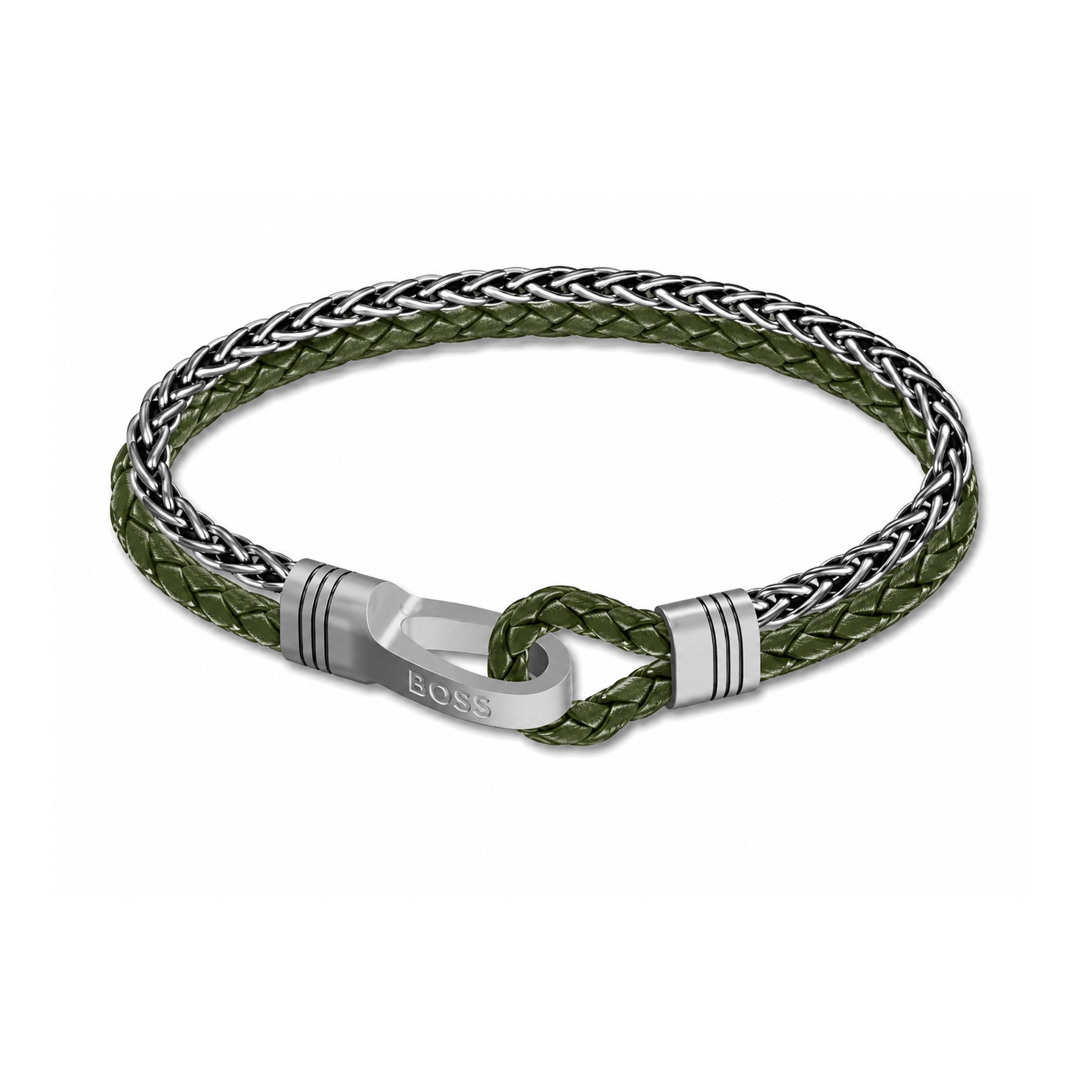 BOSS by Hugo Boss Jewellery Grey Steel & Green Leather Men's Chain & Leather Bracelet - 1580893M
