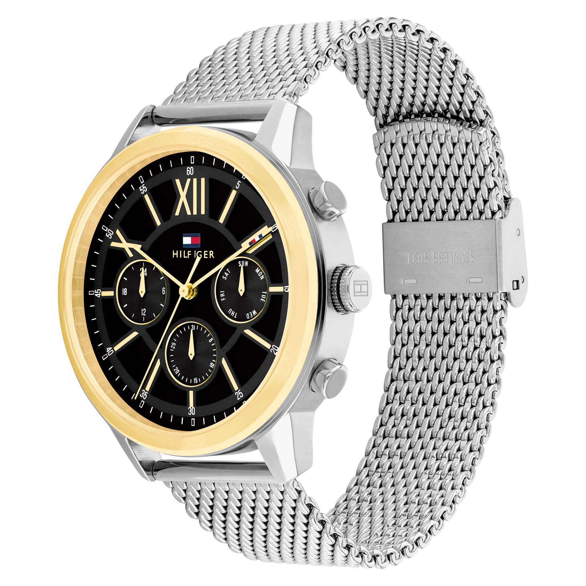 Tommy Hilfiger Silver Steel Mesh Black Dial Multi-function Men's Watch - 1710528
