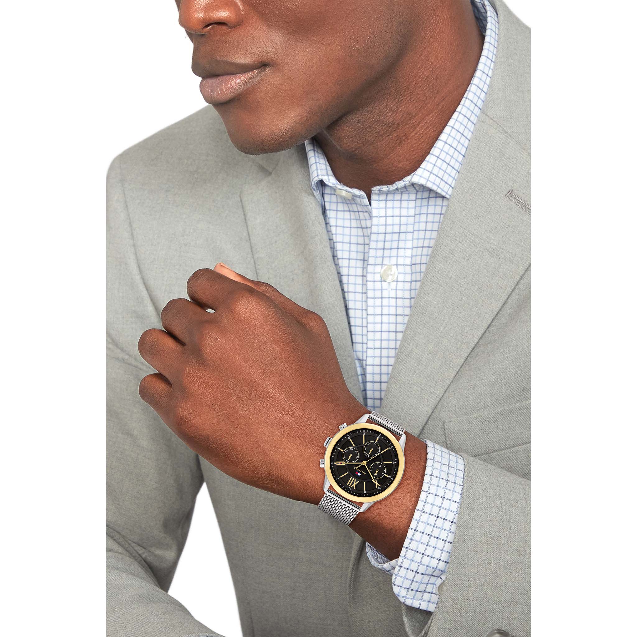 Tommy Hilfiger Silver Steel Mesh Black Dial Multi-function Men's Watch - 1710528