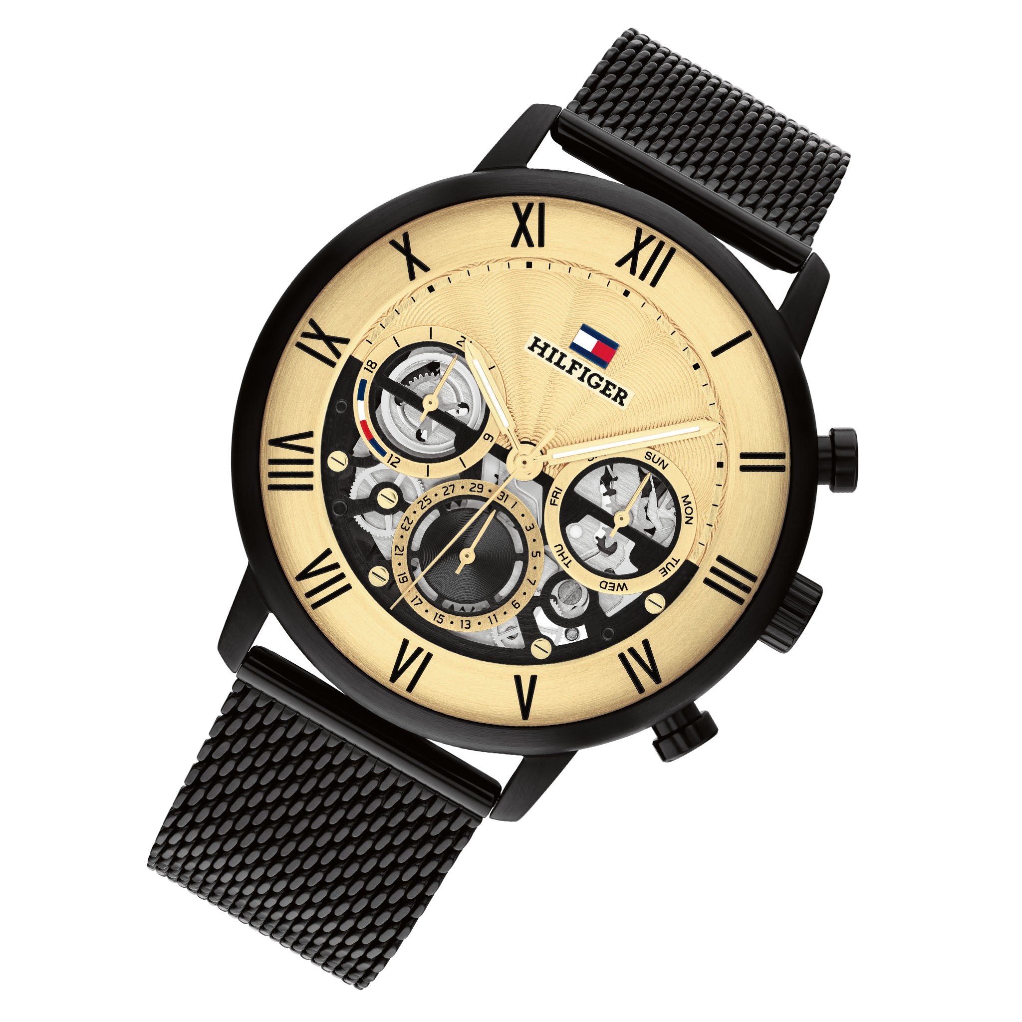 Tommy Hilfiger Black Steel Mesh Gold Dial Multi-function Men's Watch - 1710568