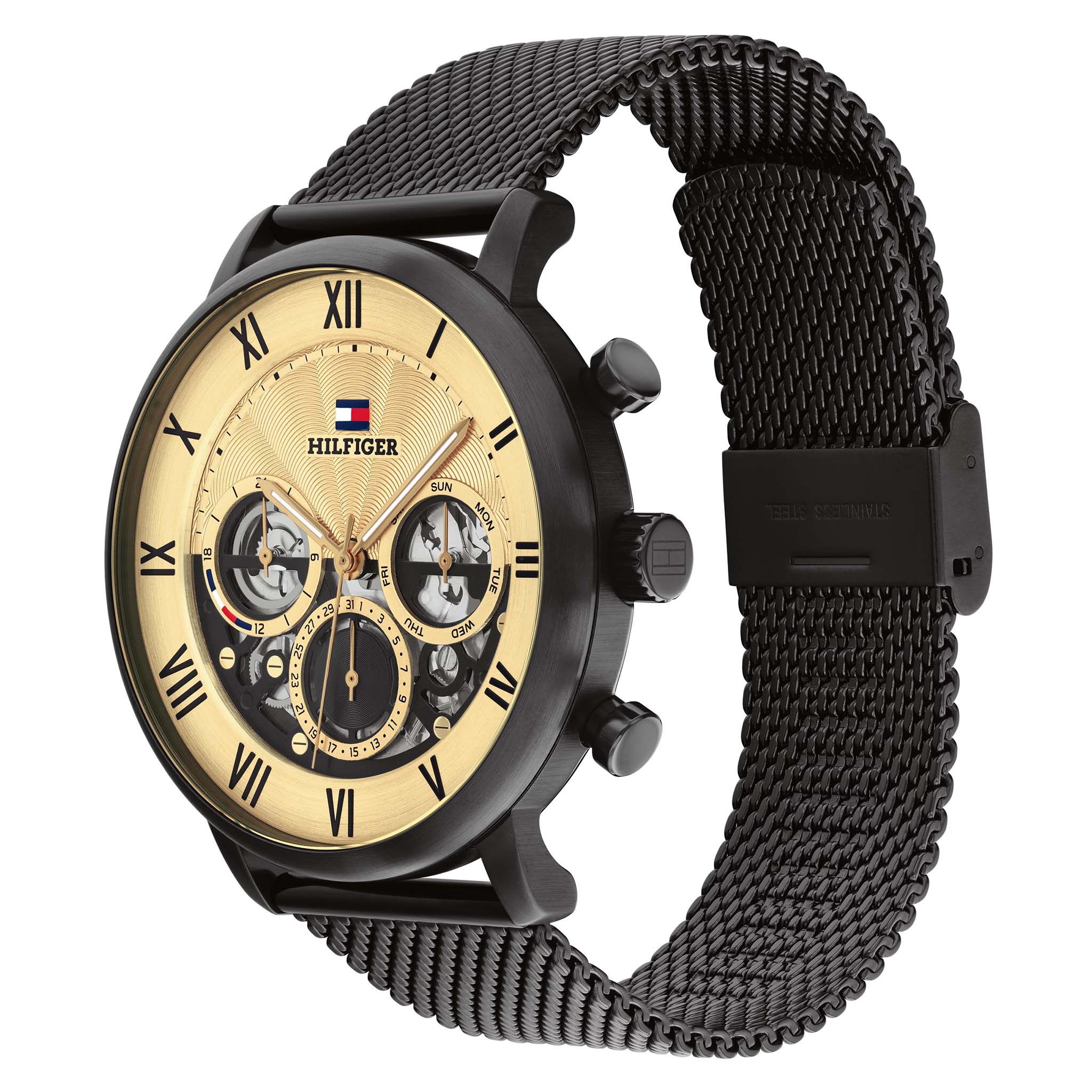 Tommy Hilfiger Black Steel Mesh Gold Dial Multi-function Men's Watch - 1710568