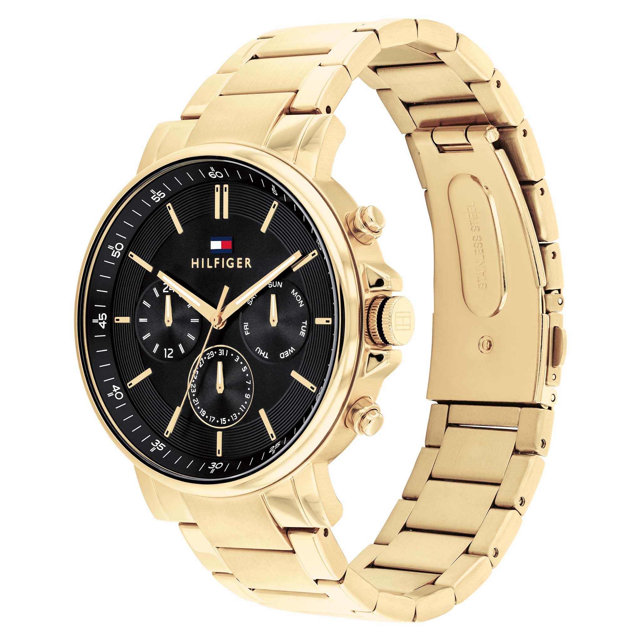 Tommy Hilfiger Gold Steel Black Dial Multi-function Men's Watch - 1710589