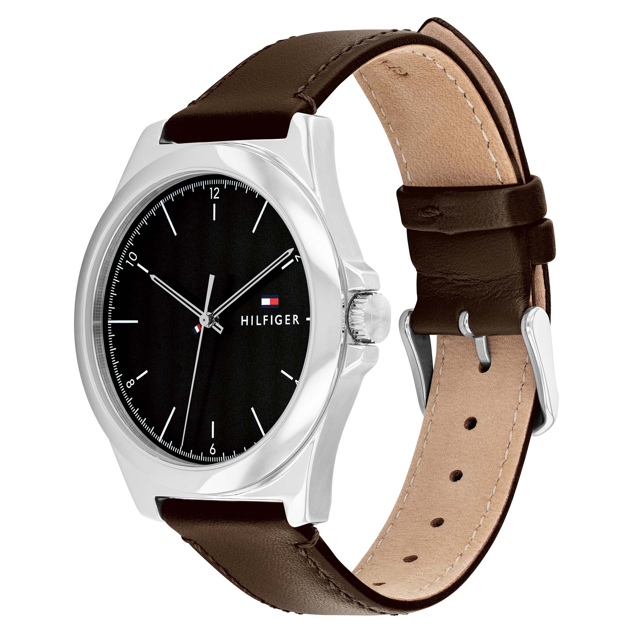 Tommy Hilfiger Dark Brown Leather Black Dial Men's Watch - 1710601