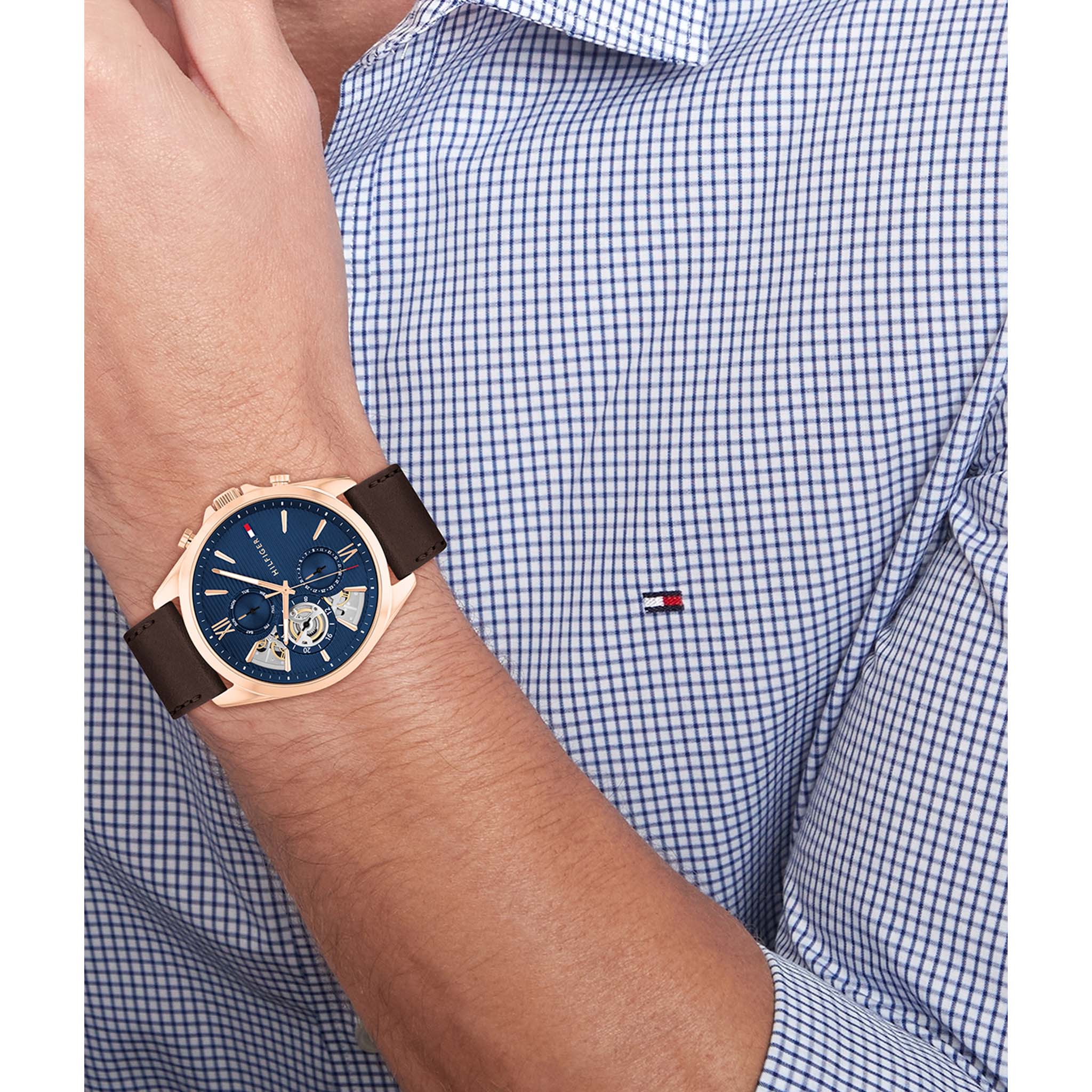 Tommy Hilfiger Brown Leather Blue Dial Multi-function Men's Watch - 1710645