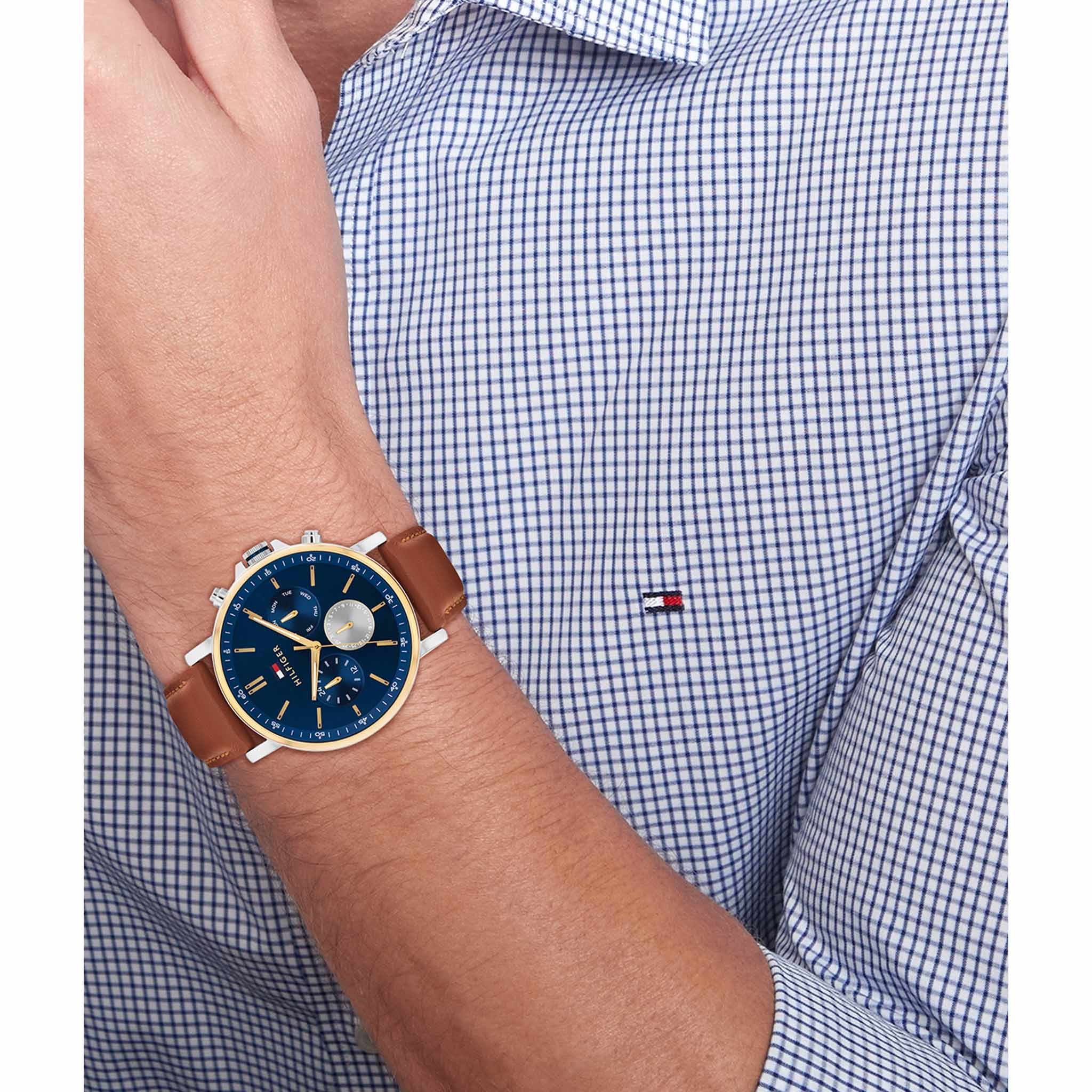 Tommy Hilfiger Brown Leather Navy Dial Multi-function Men's Watch - 1710703