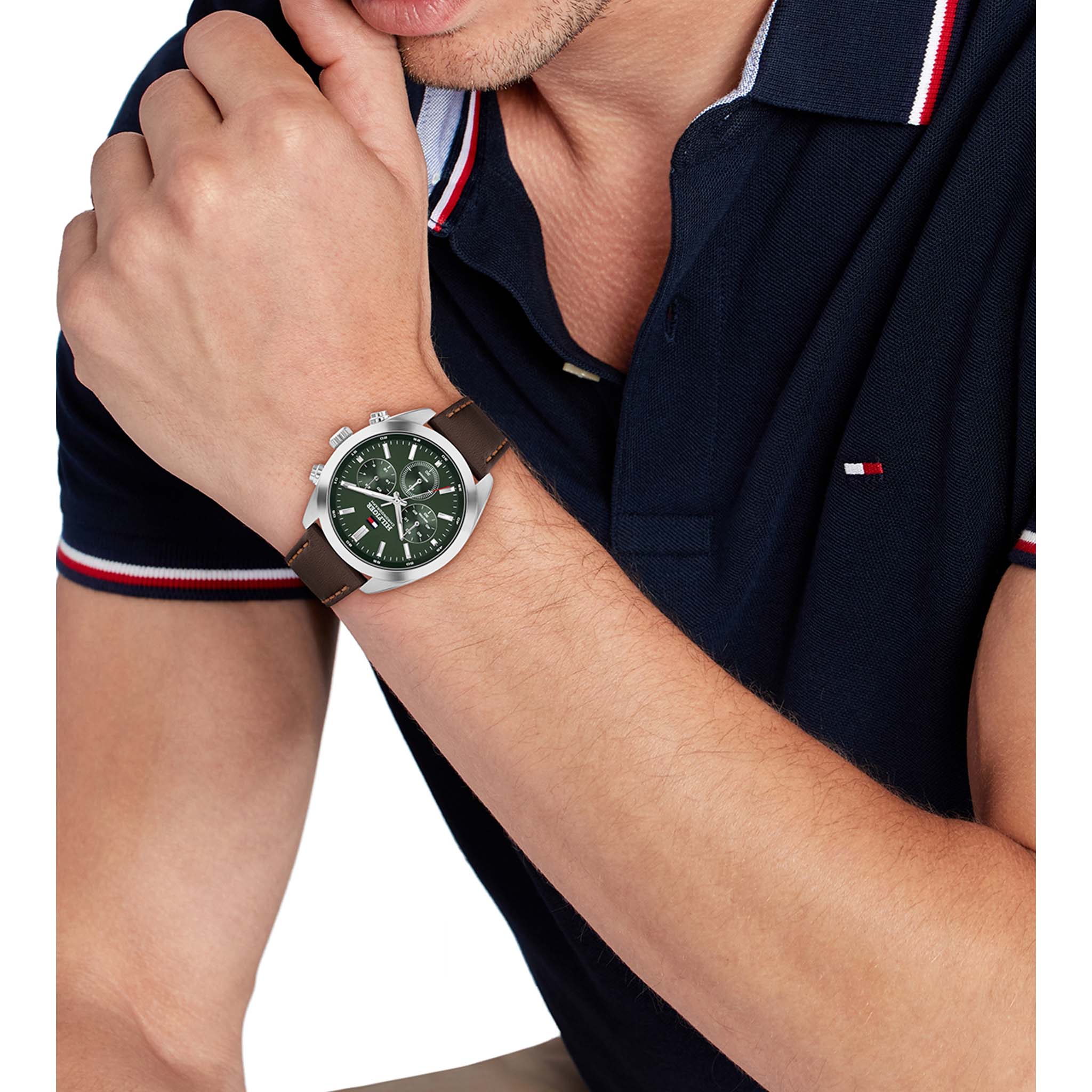 Tommy Hilfiger Brown Leather Forest Green Dial Chronograph Men's Watch - 1710719