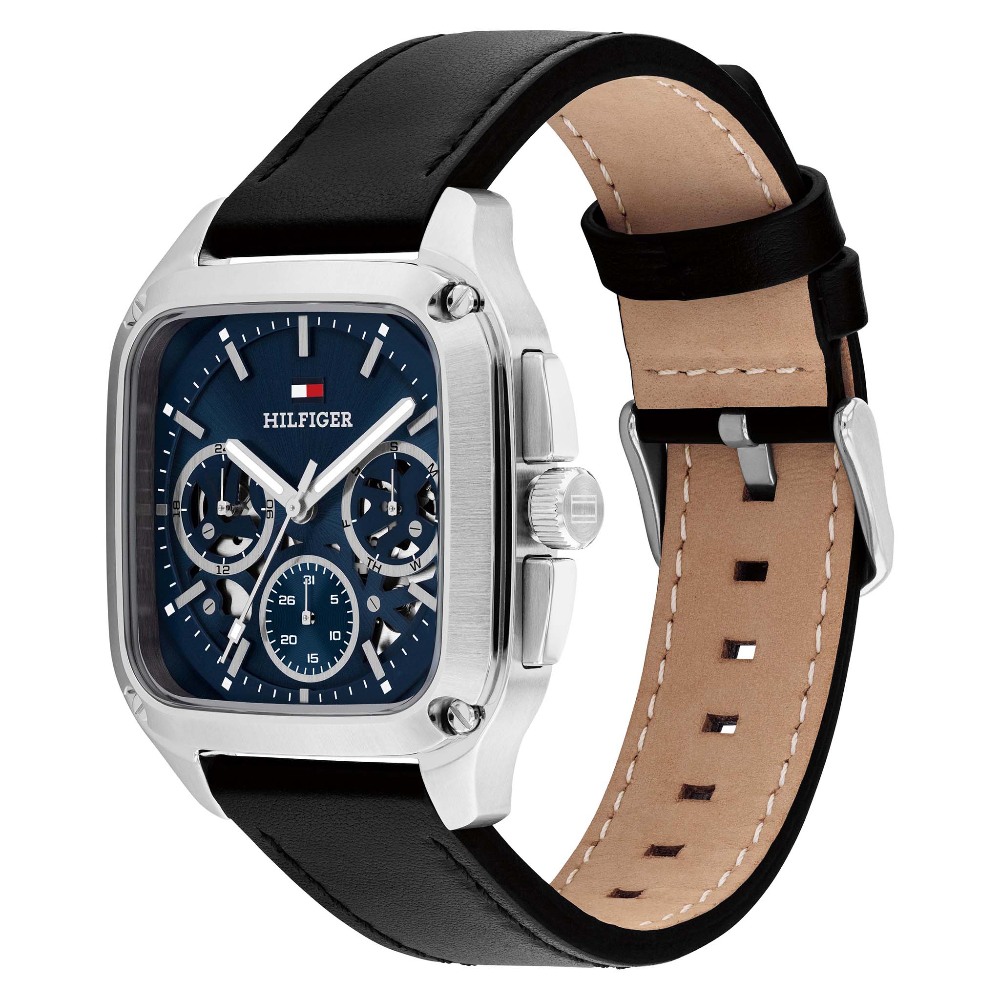 Tommy Hilfiger Black Leather Blue Dial Multi-function Men's Watch - 1710756