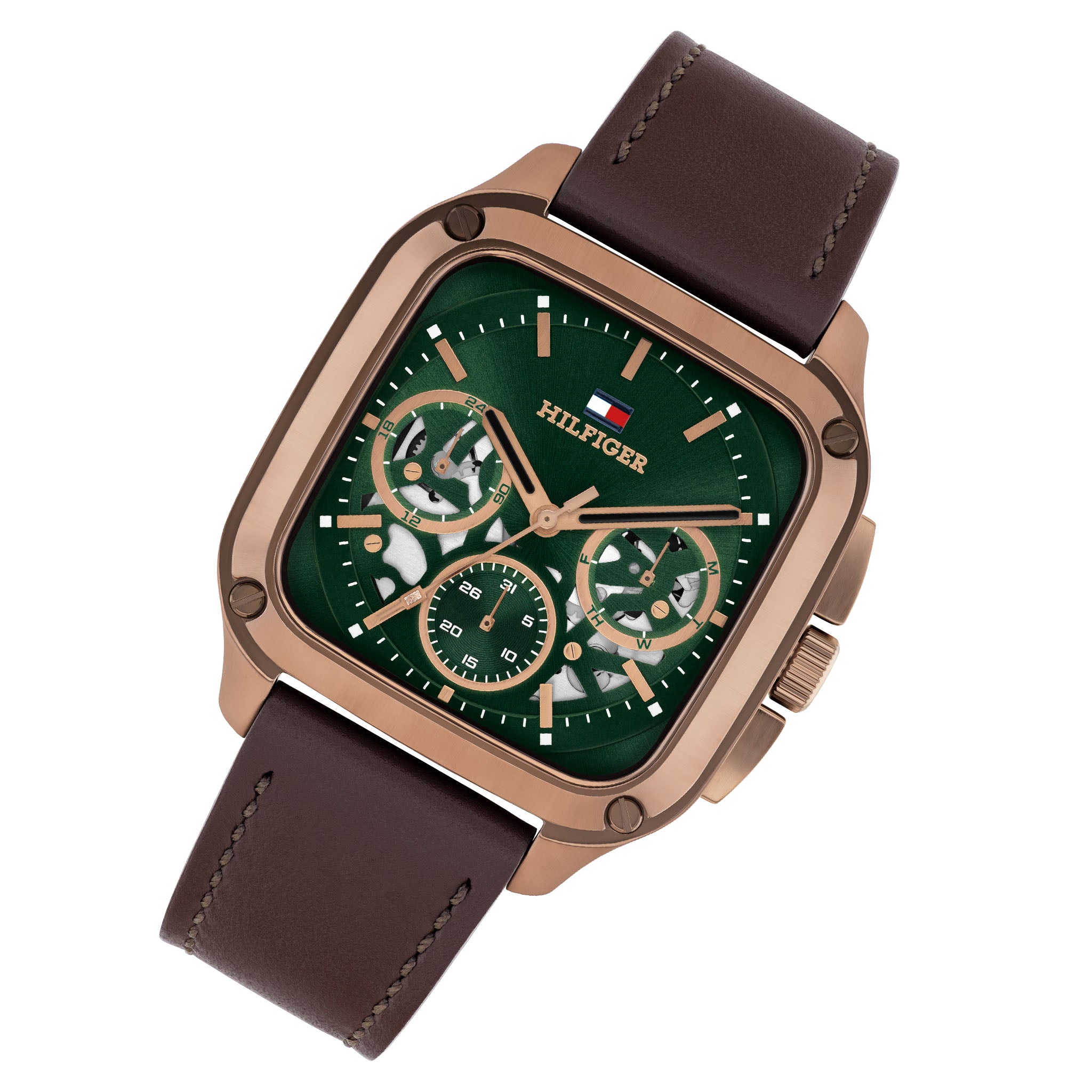 Tommy Hilfiger Brown Leather Green Dial Multi-function Men's Watch - 1710757