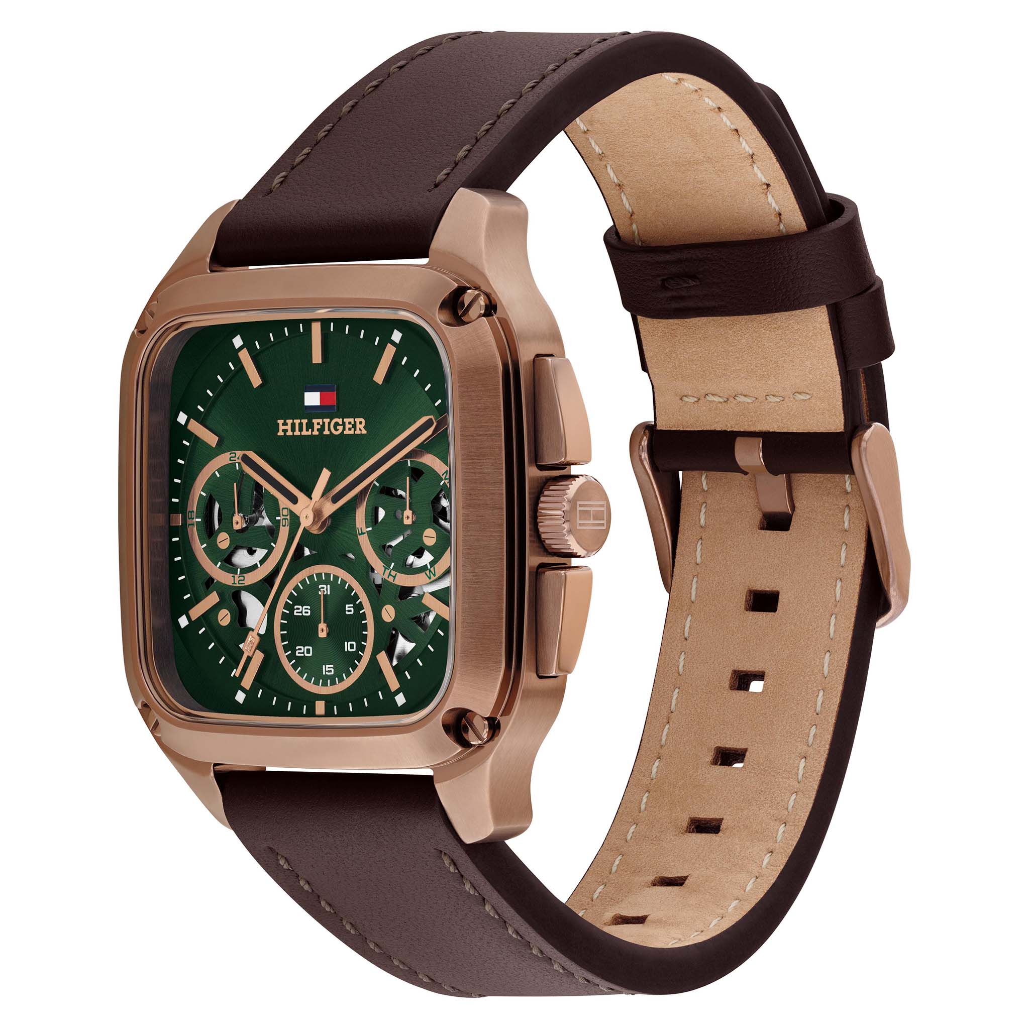 Tommy Hilfiger Brown Leather Green Dial Multi-function Men's Watch - 1710757