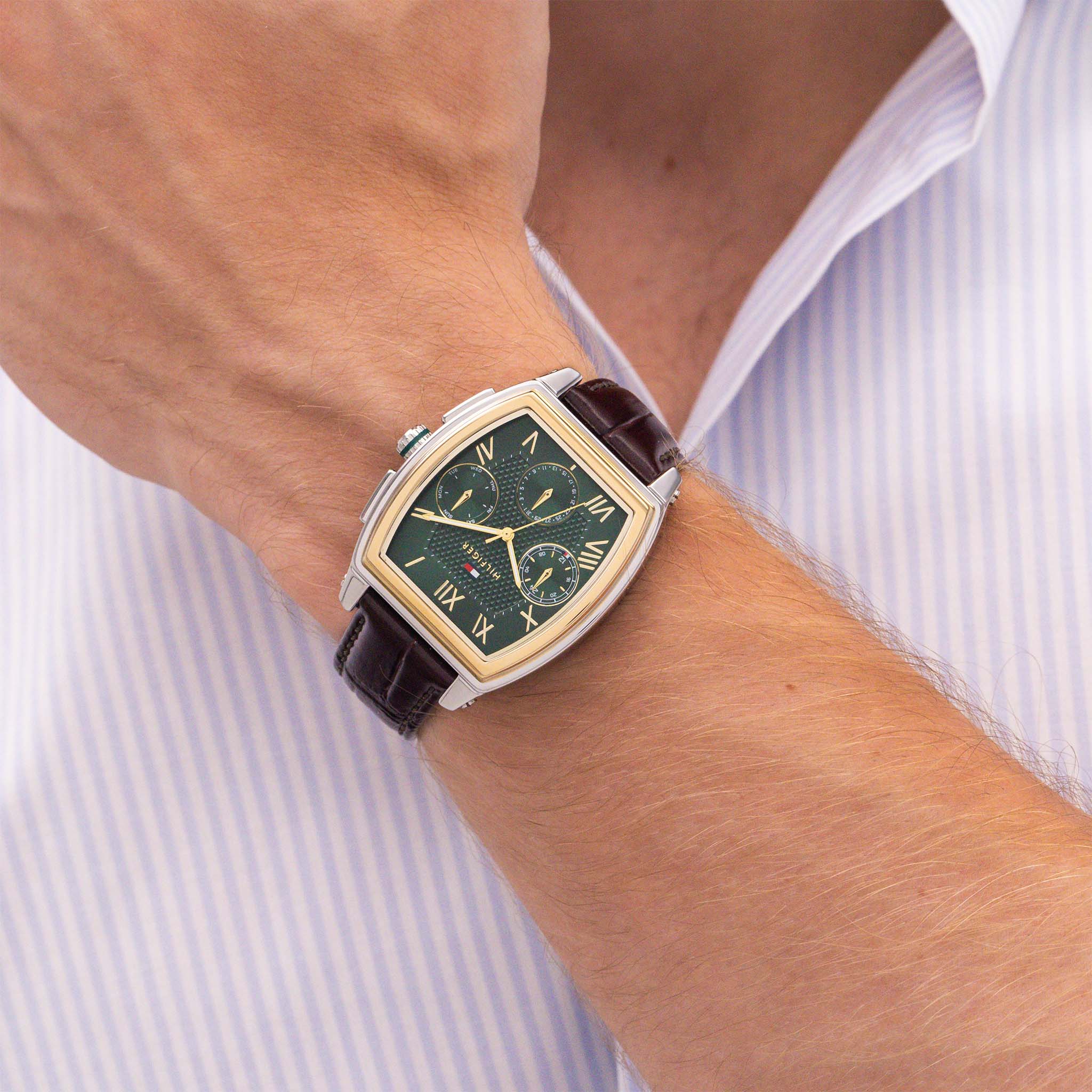 Tommy Hilfiger Dark Brown Leather Green Dial Multi-function Men's Watch - 1710762