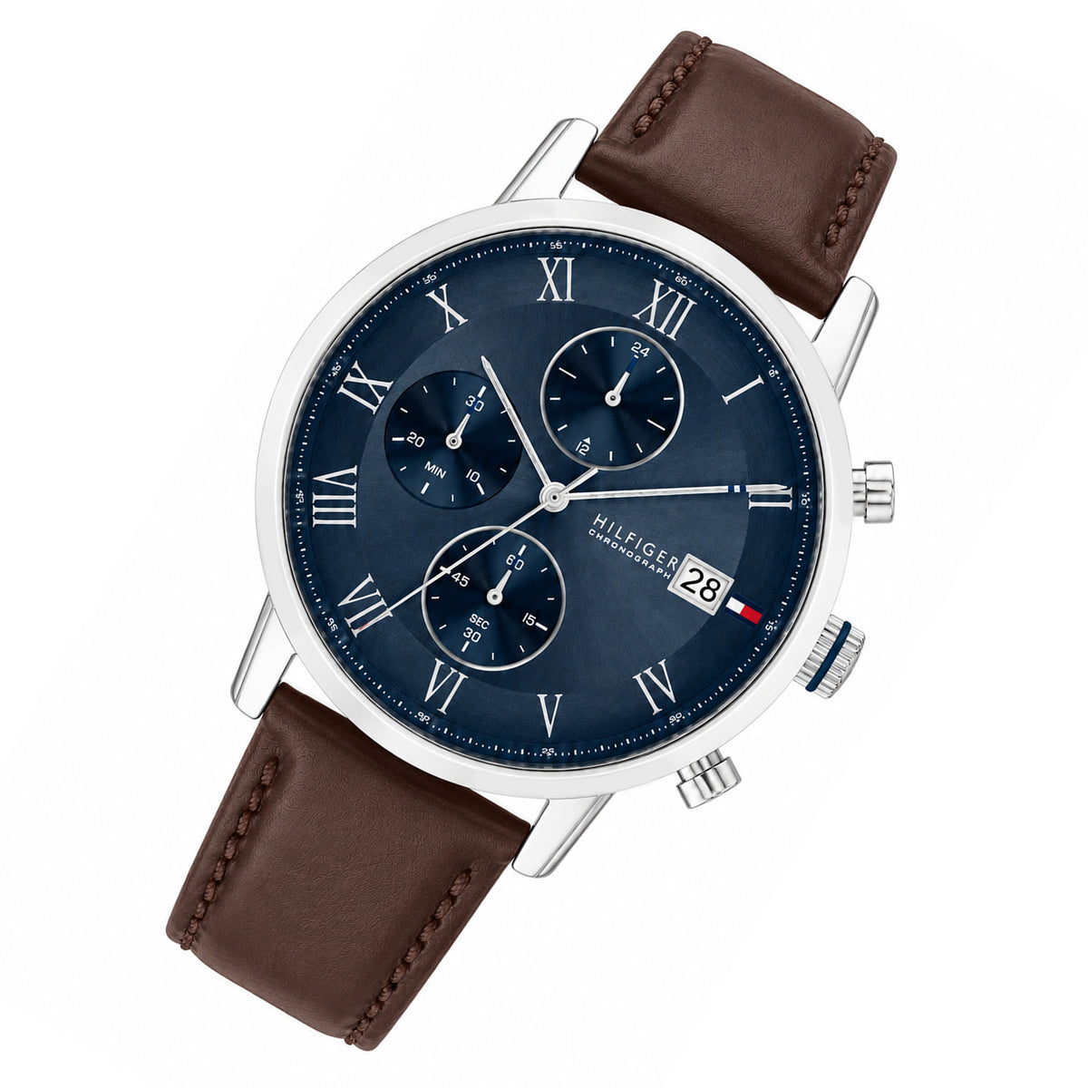 Tommy Hilfiger Dark Brown Leather Blue Dial Chronograph Men's Watch - 1710795