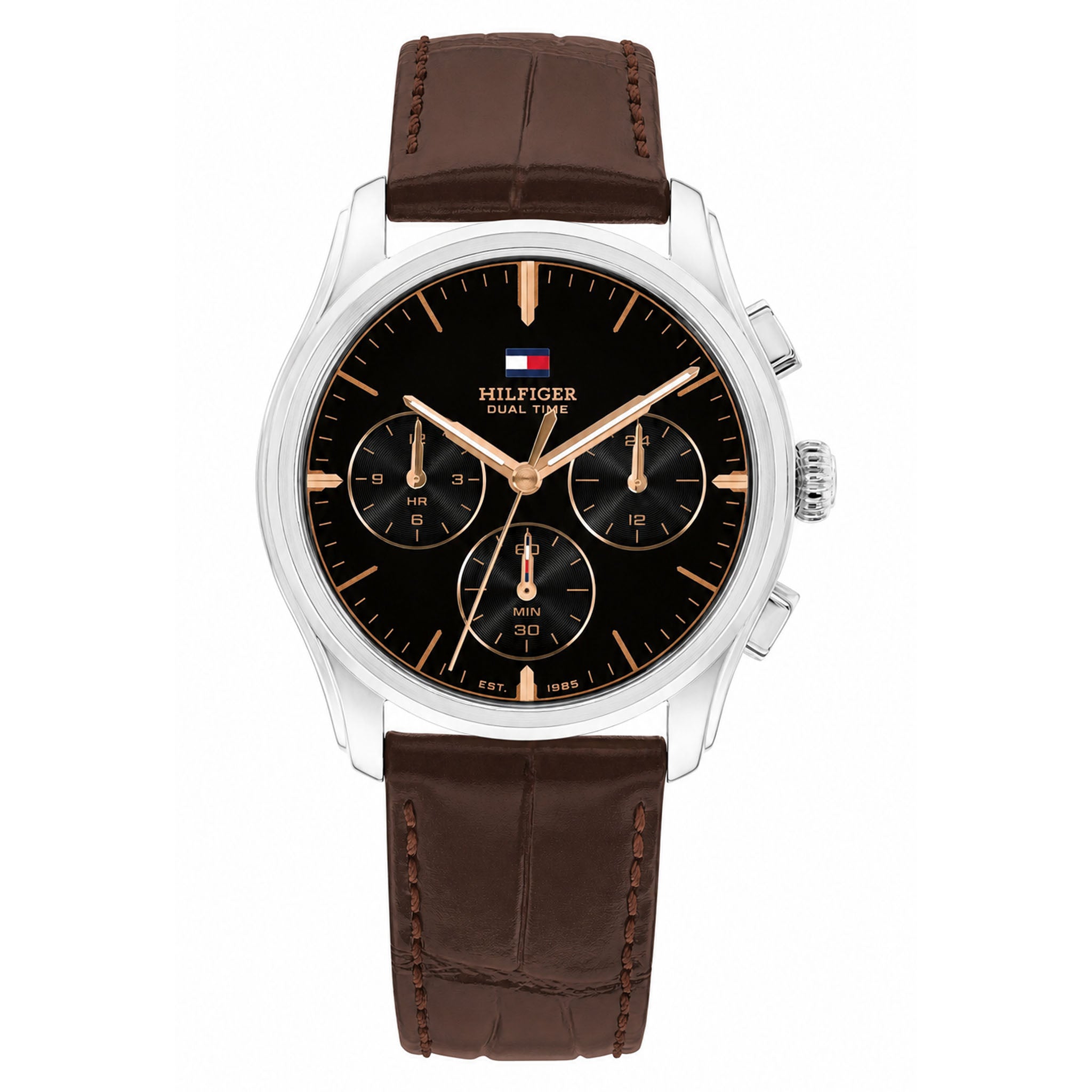 Tommy Hilfiger Dark Brown Leather Black Dial Multi-function Men's Watch - 1710808