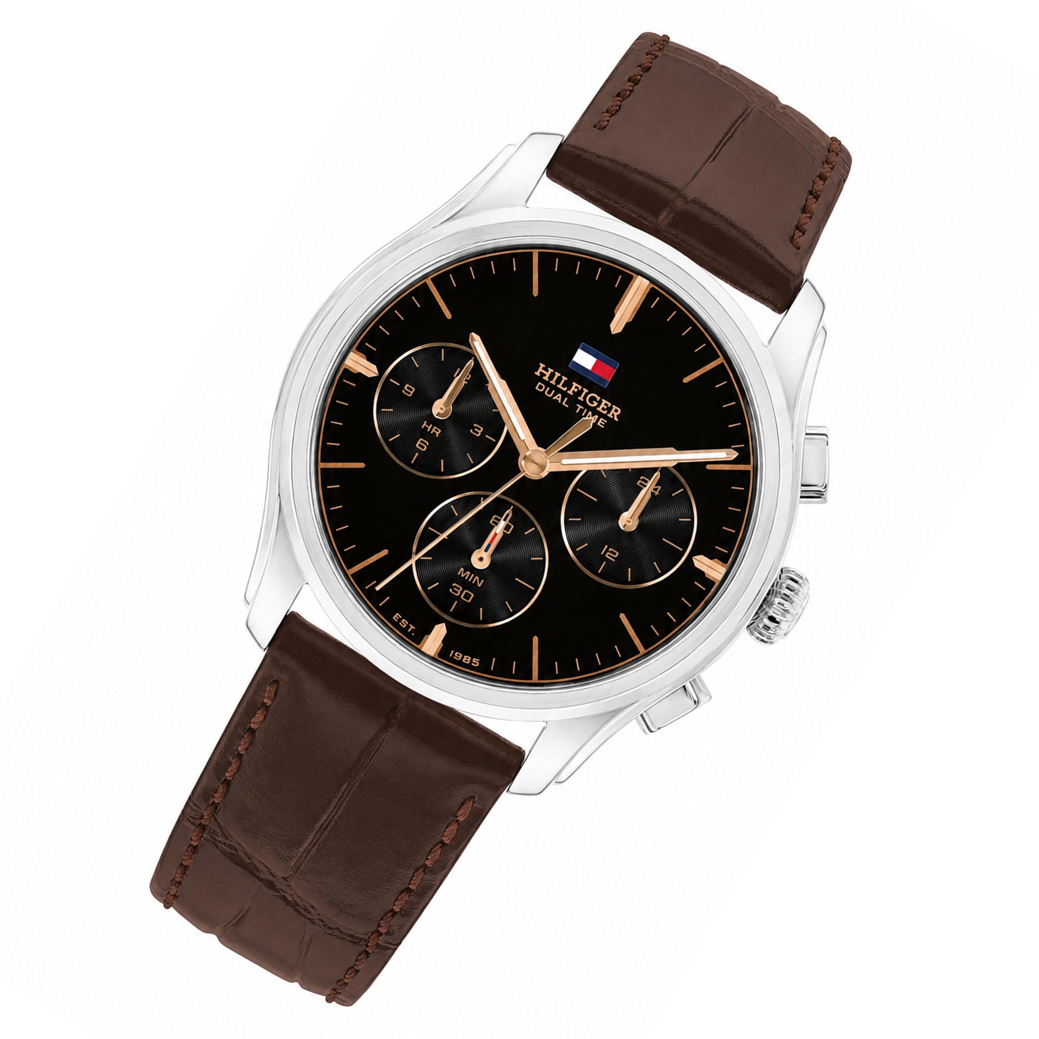 Tommy Hilfiger Dark Brown Leather Black Dial Multi-function Men's Watch - 1710808