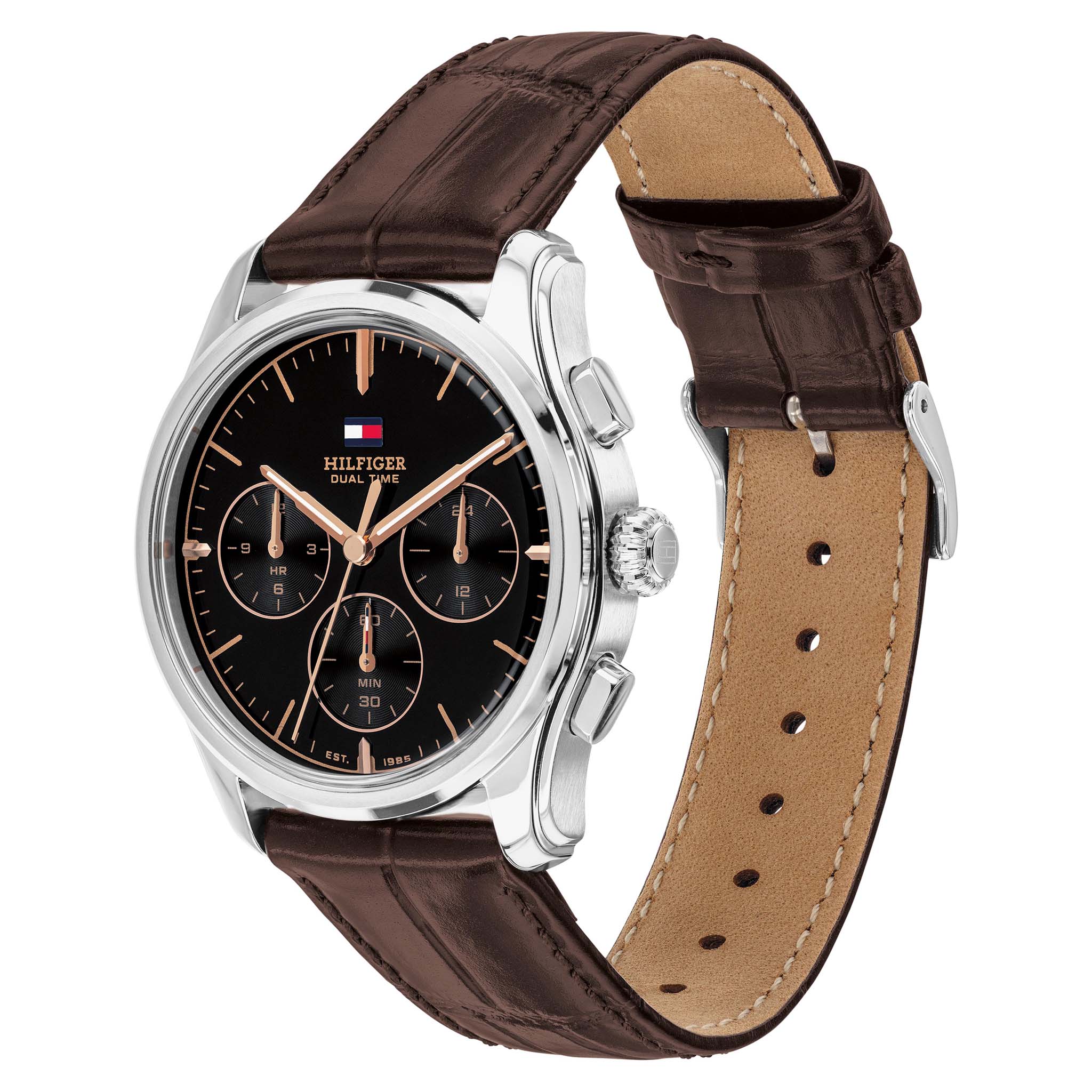 Tommy Hilfiger Dark Brown Leather Black Dial Multi-function Men's Watch - 1710808