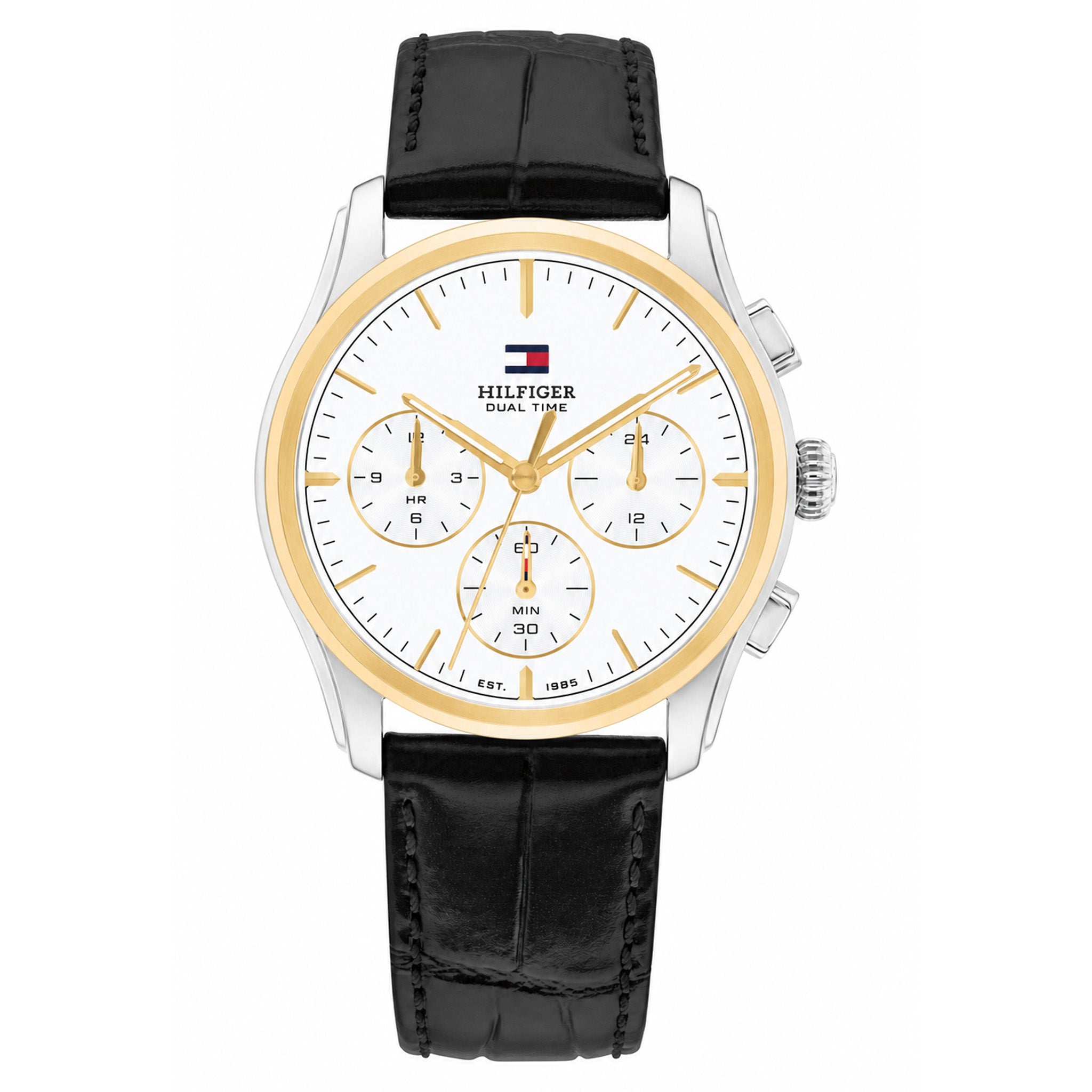 Tommy Hilfiger Black Leather White Dial Multi-function Men's Watch - 1710809