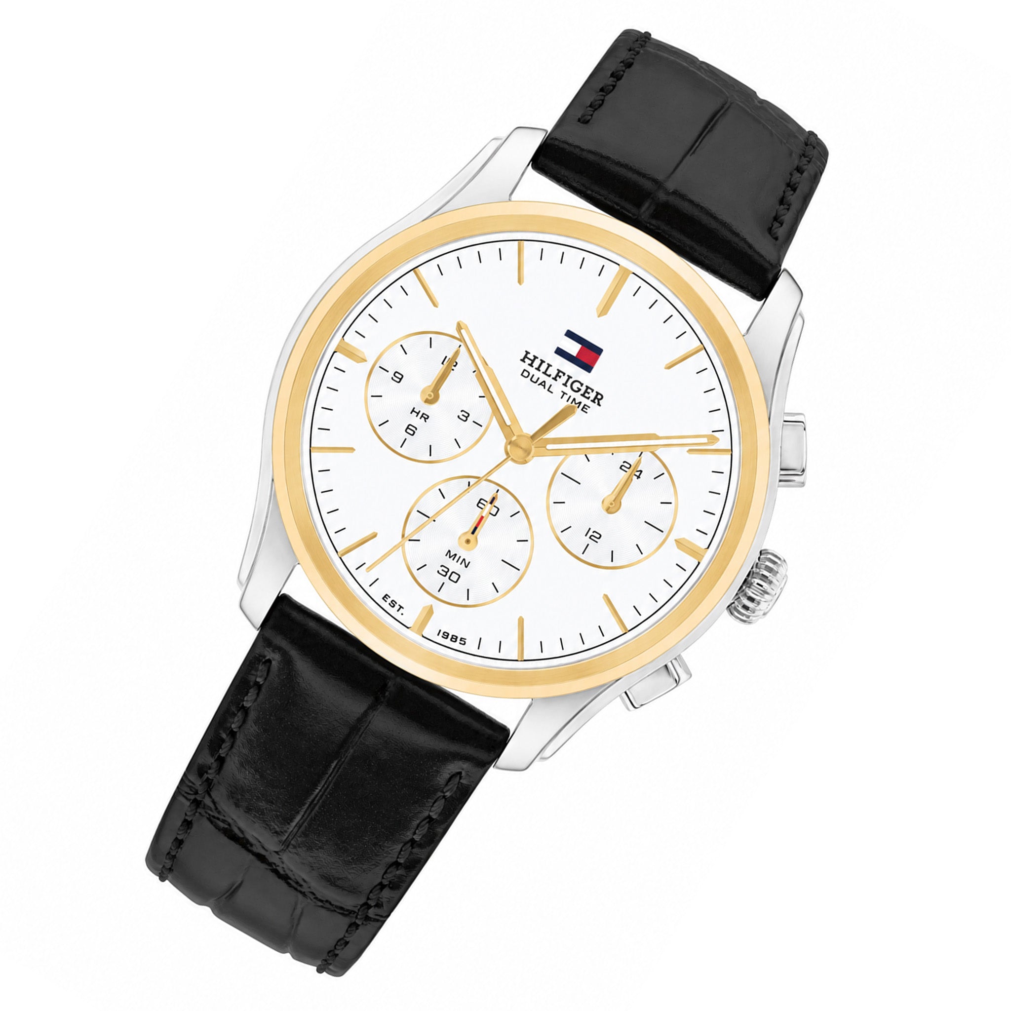 Tommy Hilfiger Black Leather White Dial Multi-function Men's Watch - 1710809