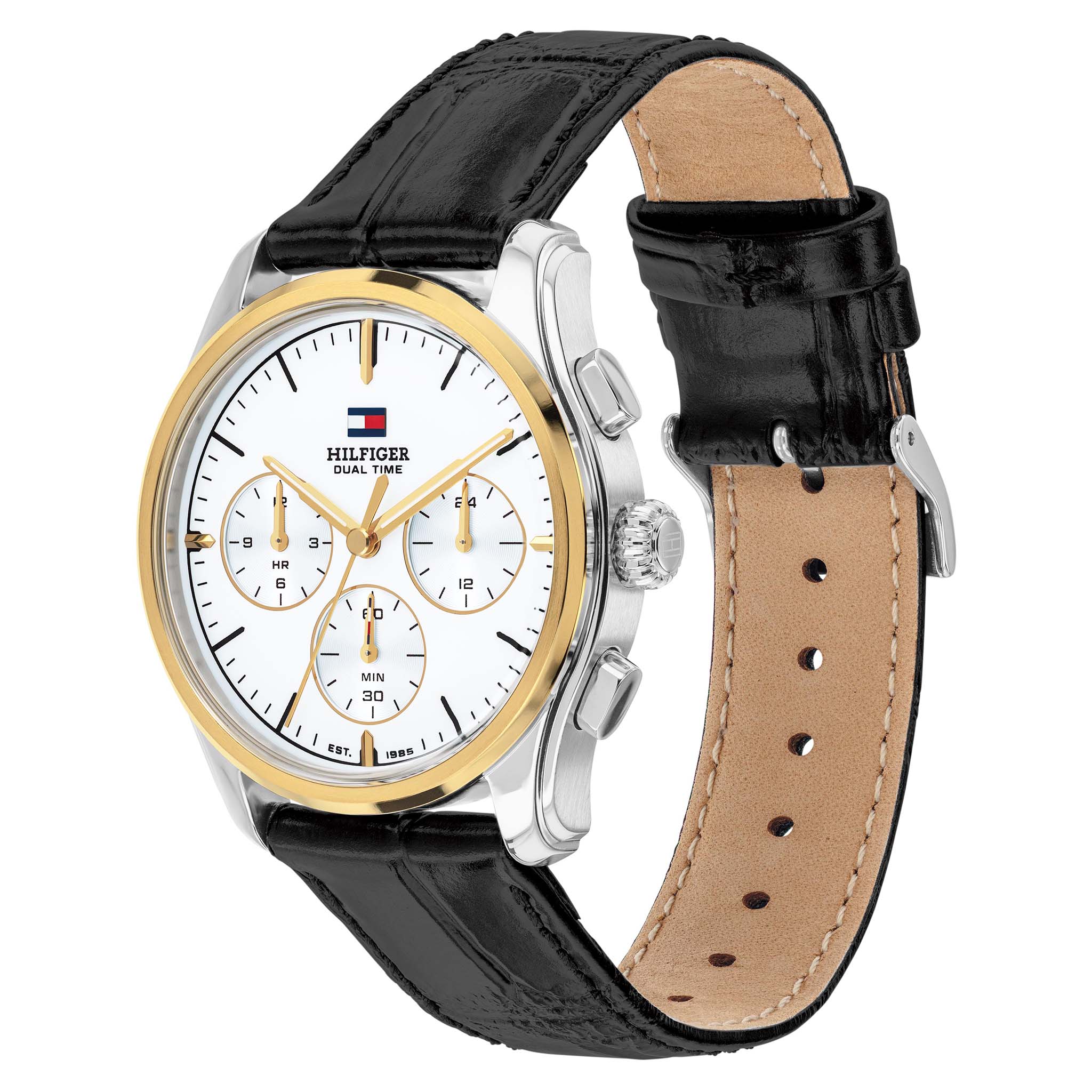 Tommy Hilfiger Black Leather White Dial Multi-function Men's Watch - 1710809