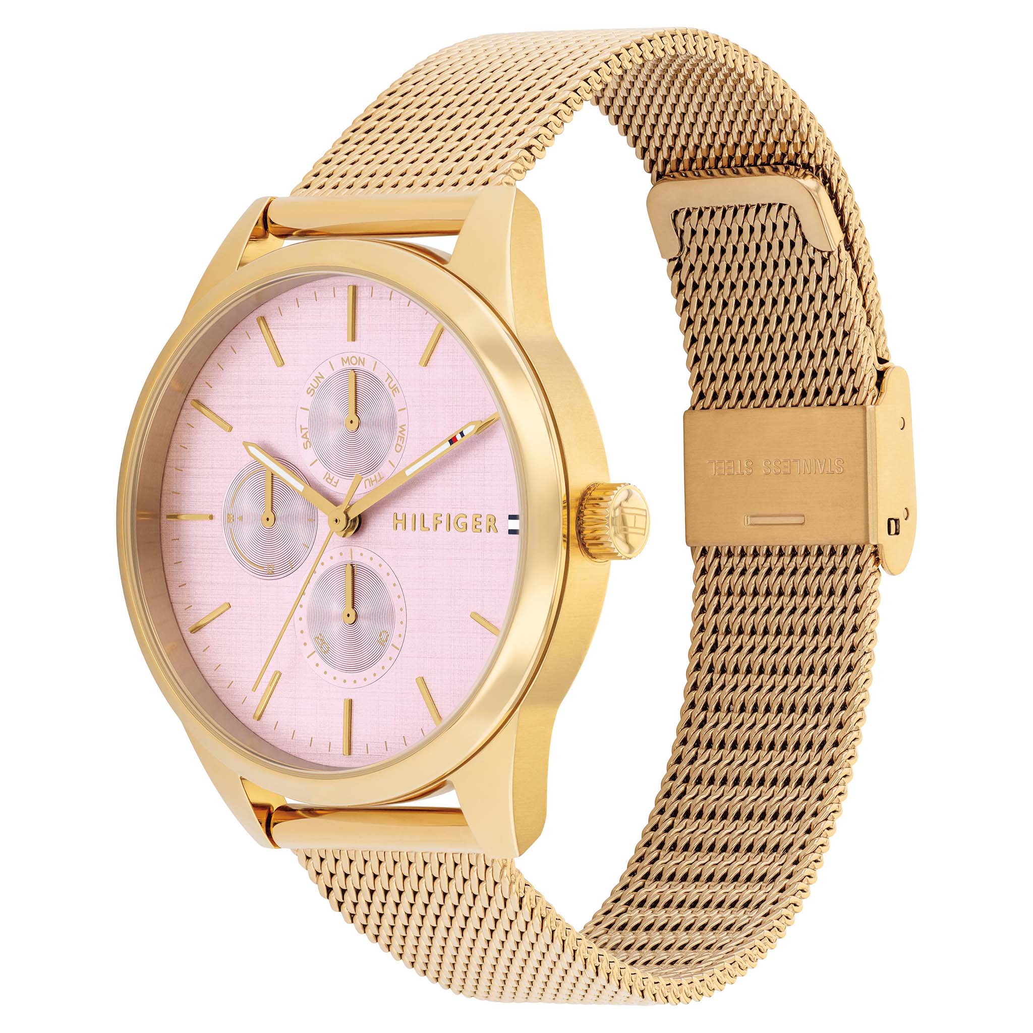 Tommy Hilfiger Gold Steel Mesh Blush Dial Multi-function Women's Watch - 1782769