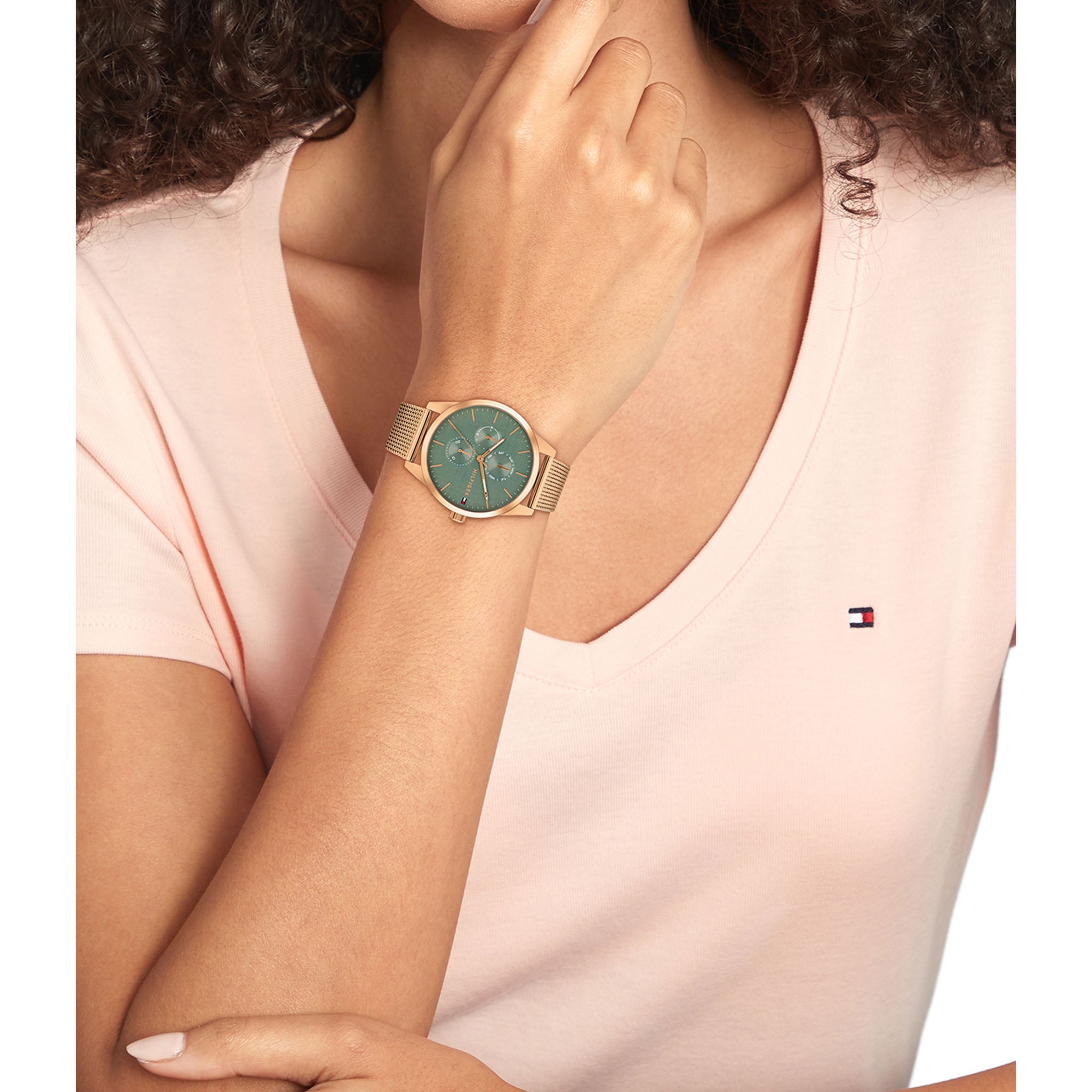 Tommy Hilfiger Rose Gold Steel Mesh Green Dial Multi-function Women's Watch - 1782770
