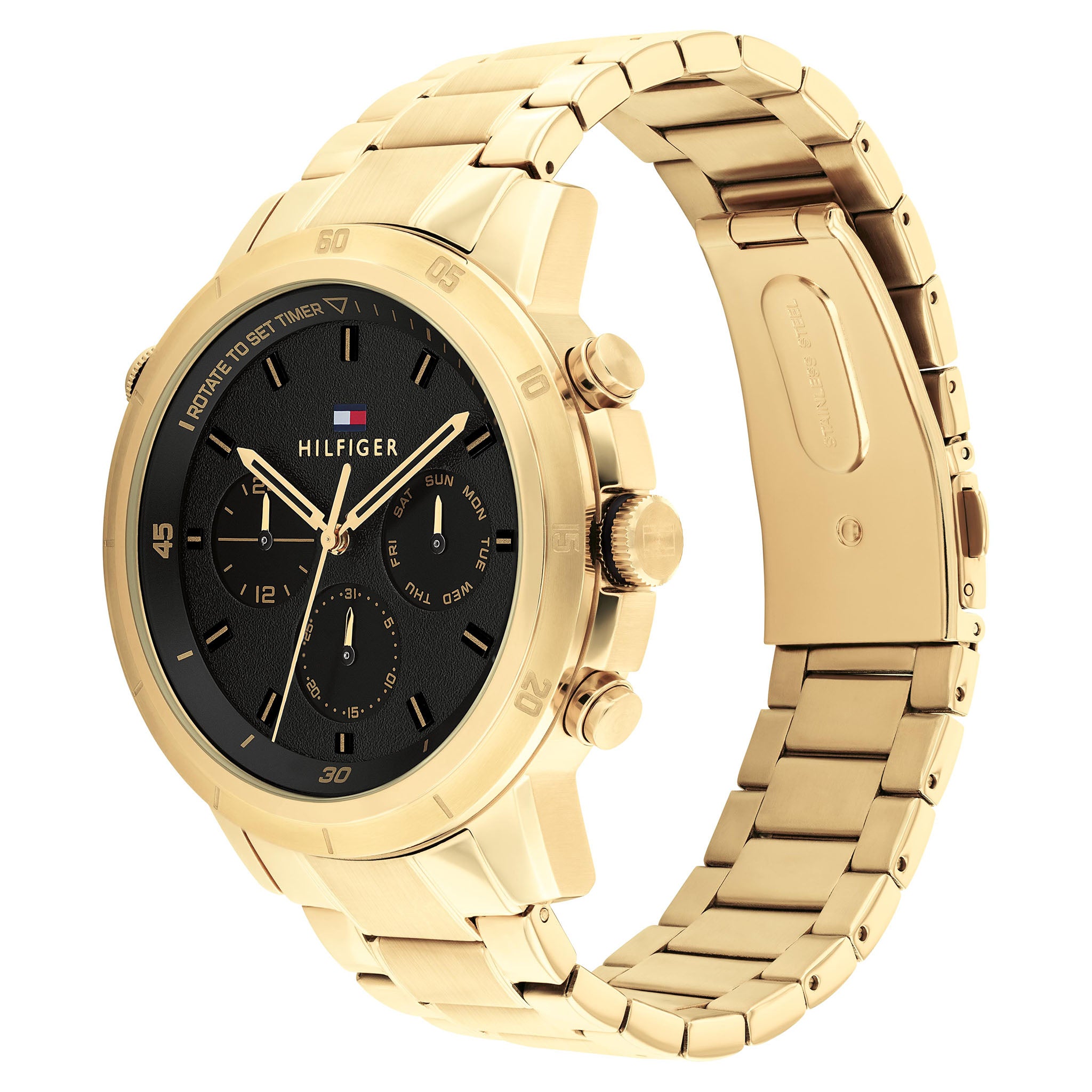 Tommy Hilfiger Gold Steel Black Dial Multi-function Men's Watch - 1792109