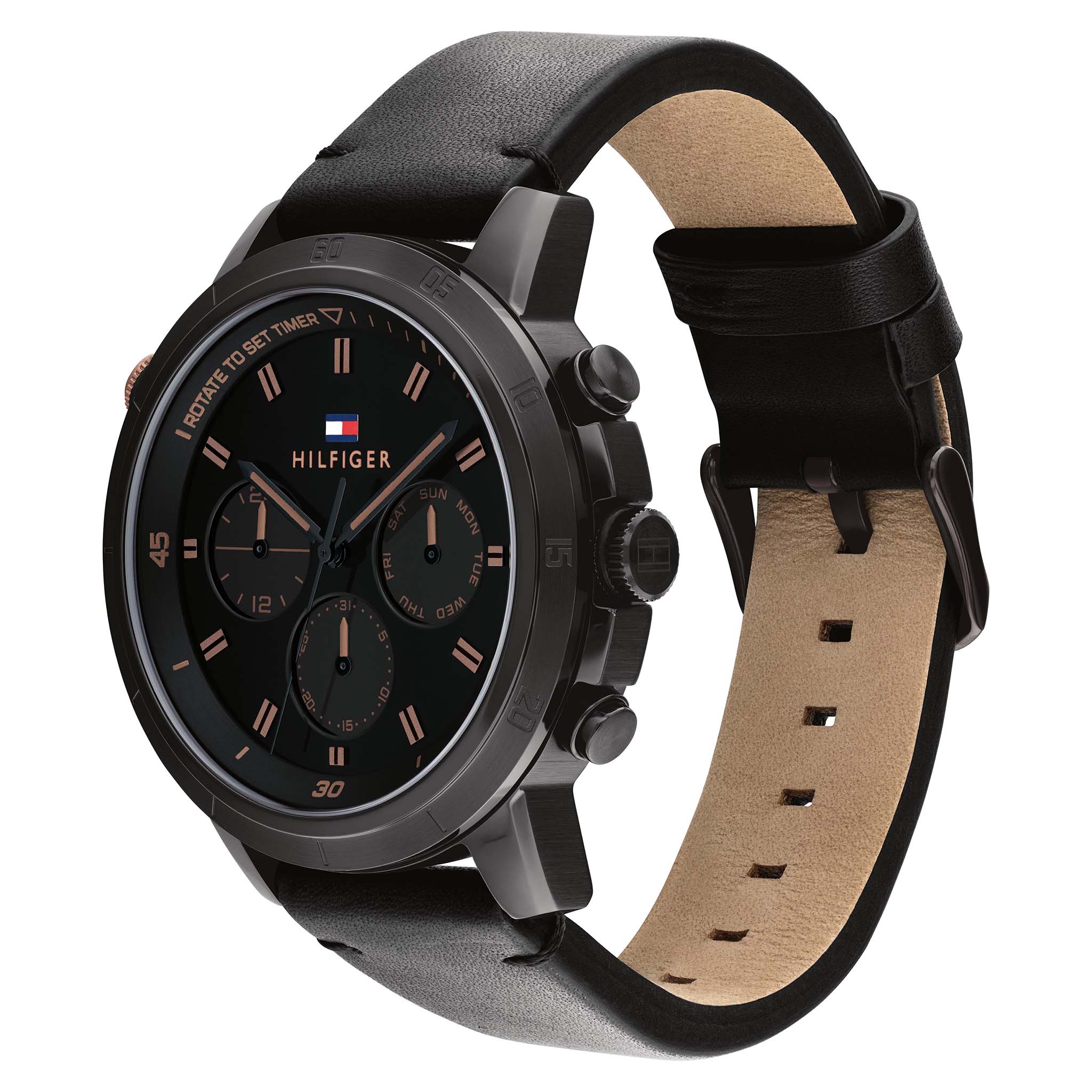 Tommy Hilfiger Black Leather Multi-function Men's Watch - 1792110