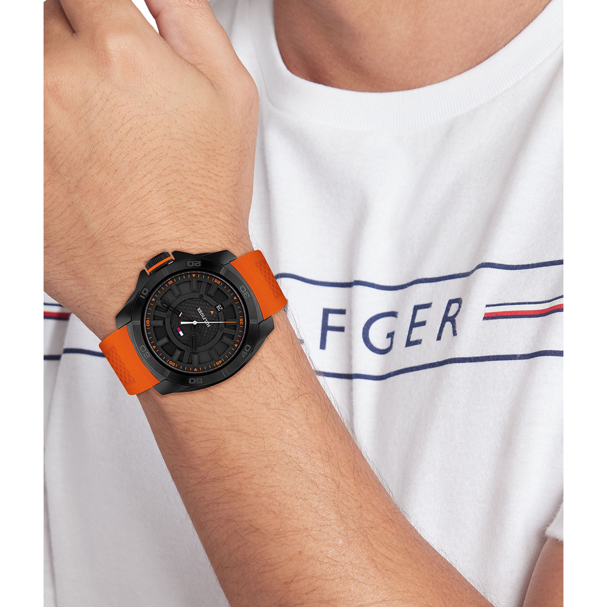 Tommy Hilfiger Orange Silicone Black Dial Men's Watch - 1792136