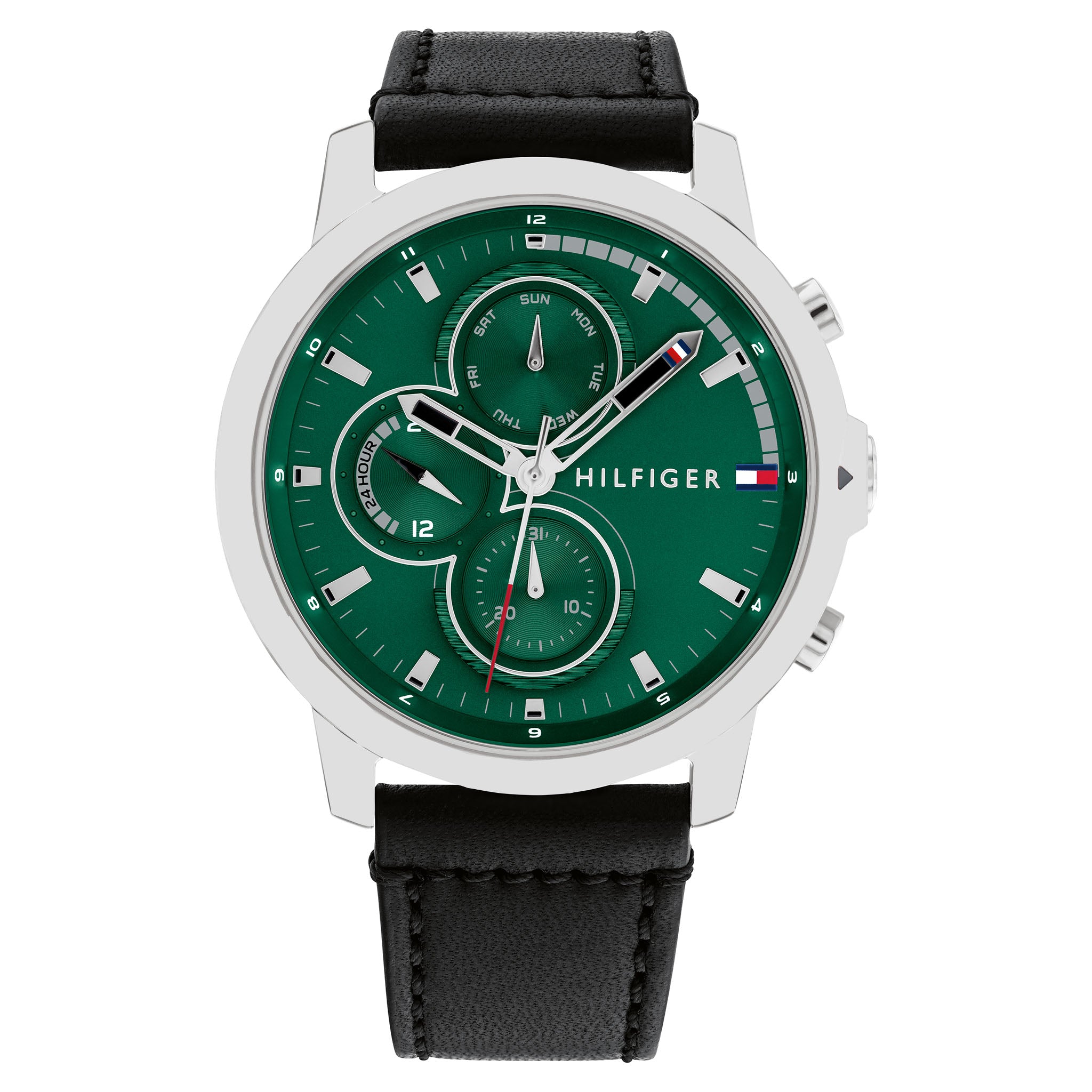 Tommy Hilfiger Black Leather Green Dial Multi-function Men's Watch - 1792151