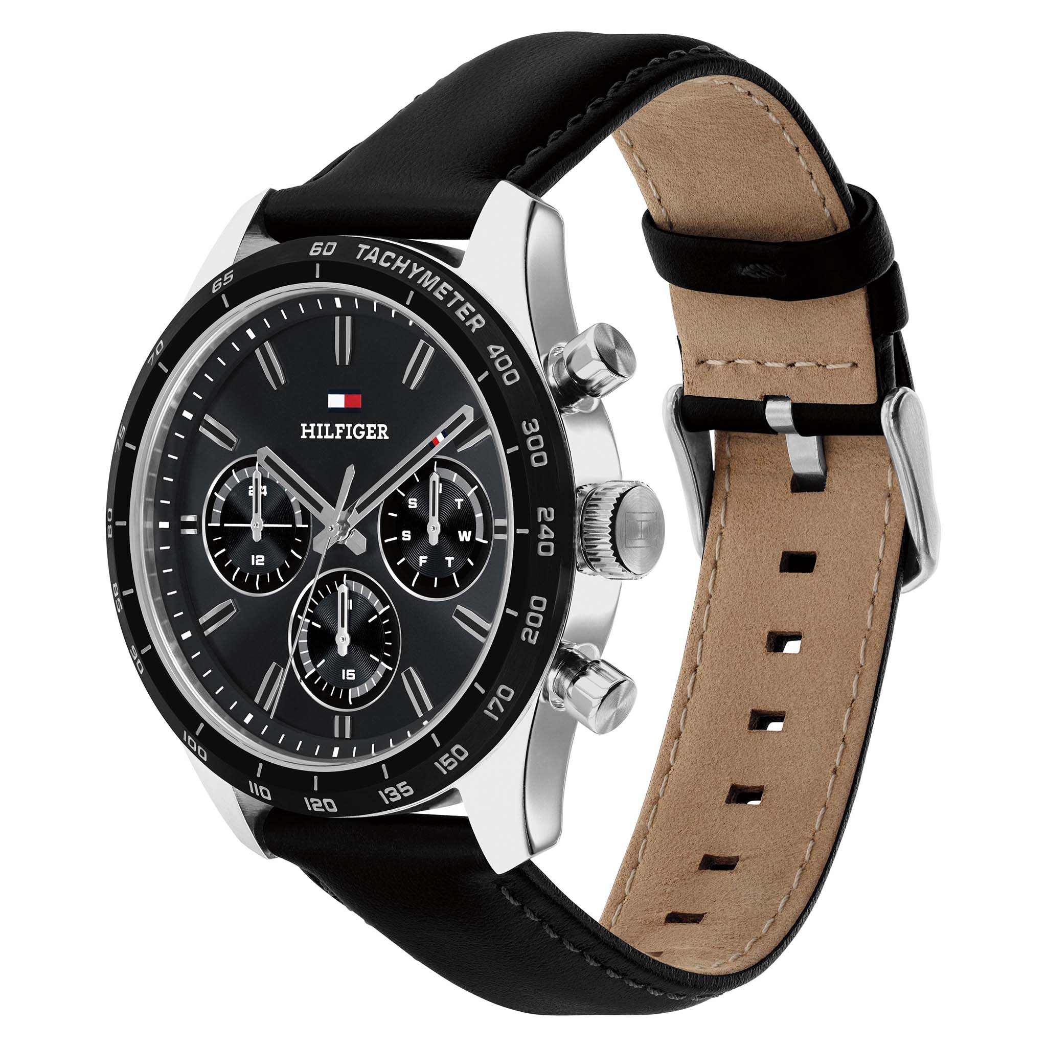 Tommy Hilfiger Leather Black Dial Multi-function Men's Watch - 1792277