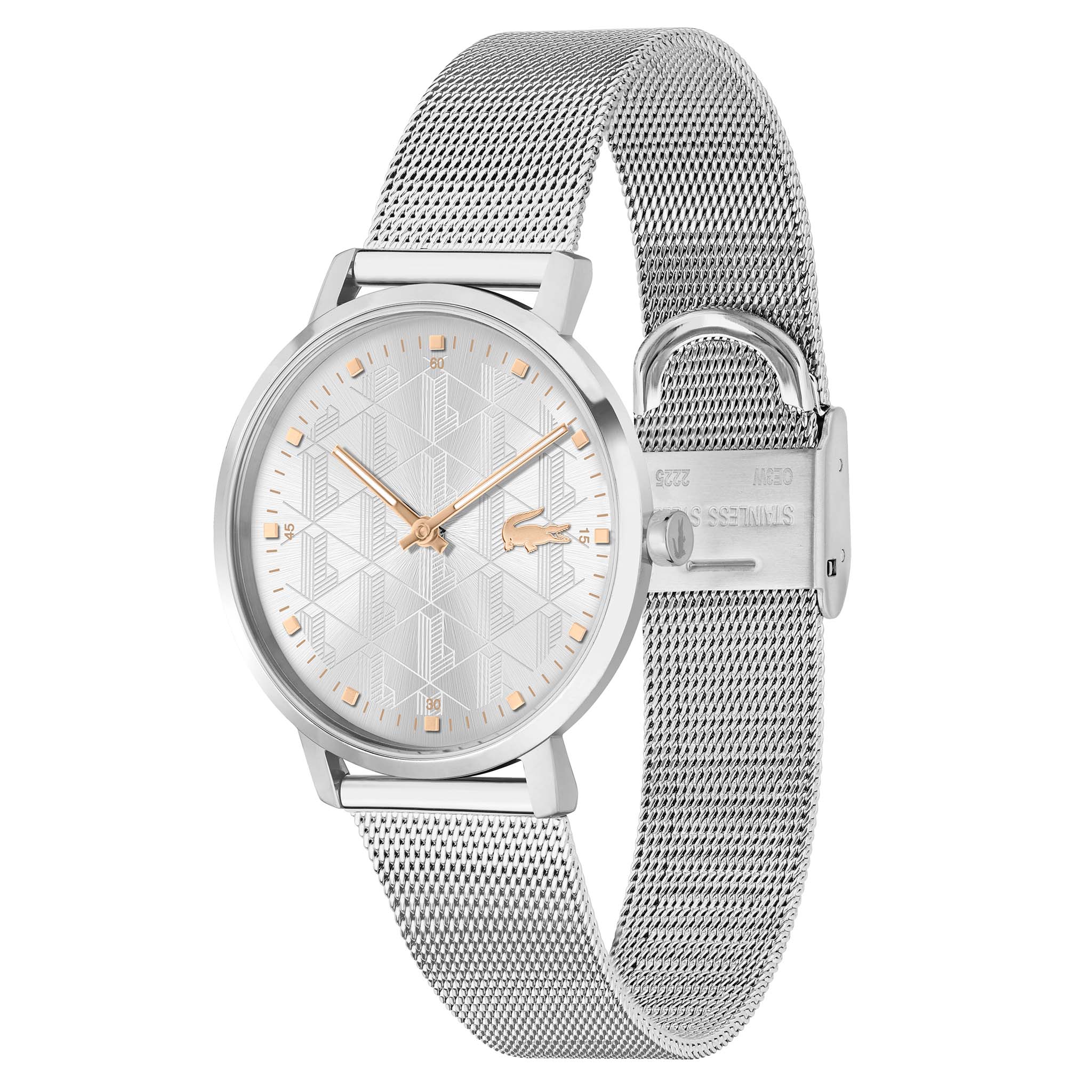 Lacoste Crocorigin Steel Mesh Silver White Dial Slim Women's Watch - 2001285