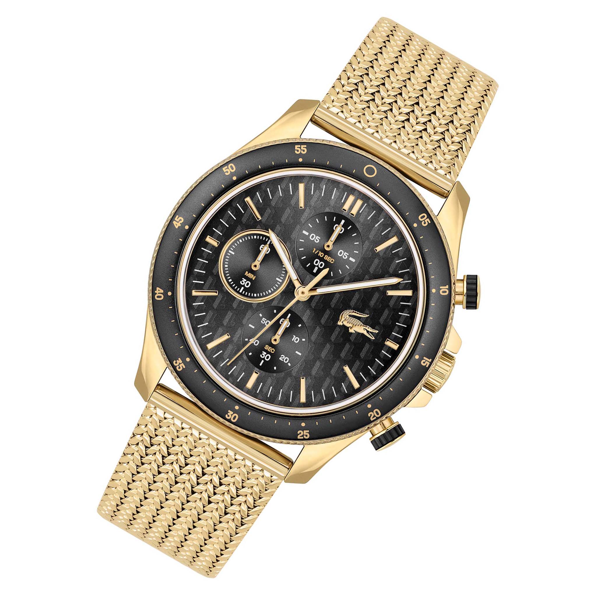 Lacoste Gold Steel Mesh Black Dial Fashion Chrono Men's Watch - 2011254
