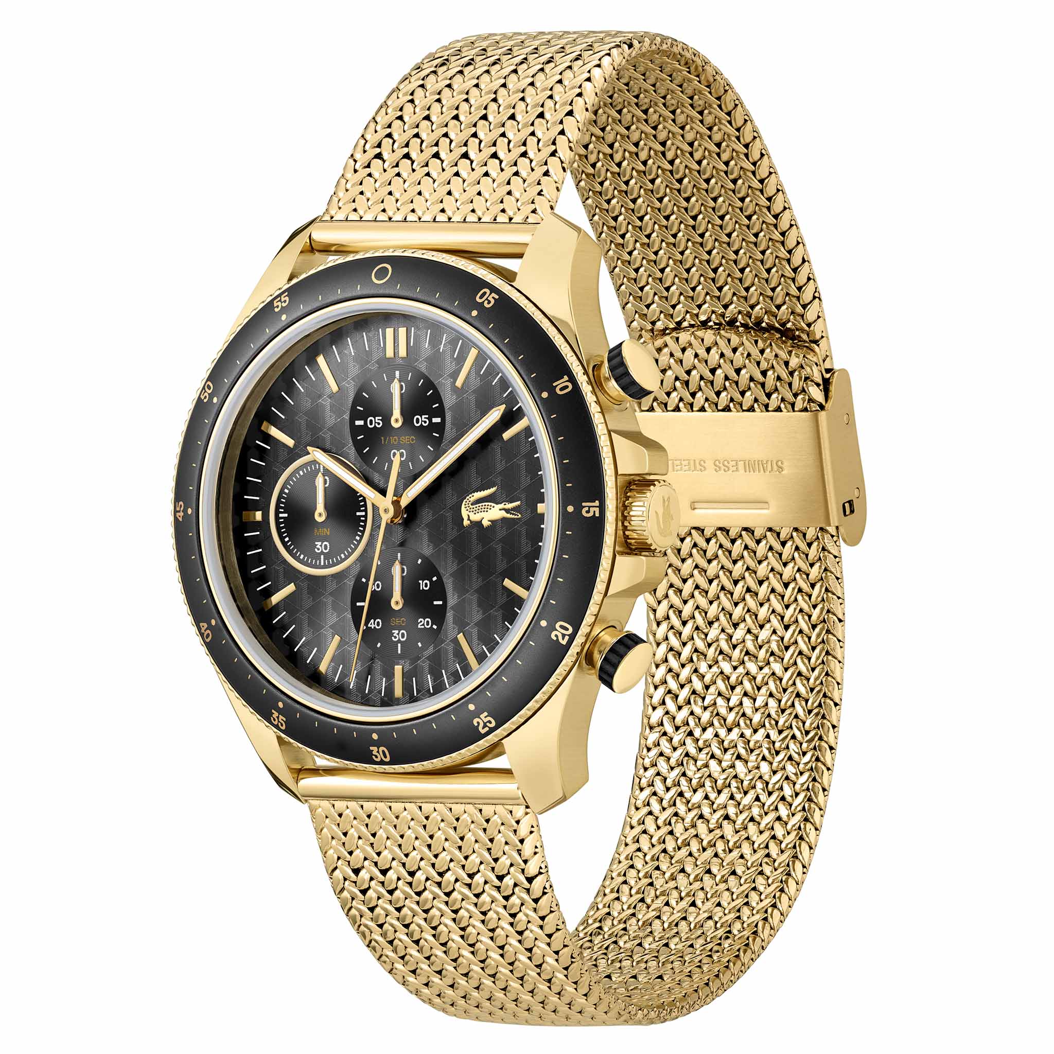 Lacoste Gold Steel Mesh Black Dial Fashion Chrono Men's Watch - 2011254