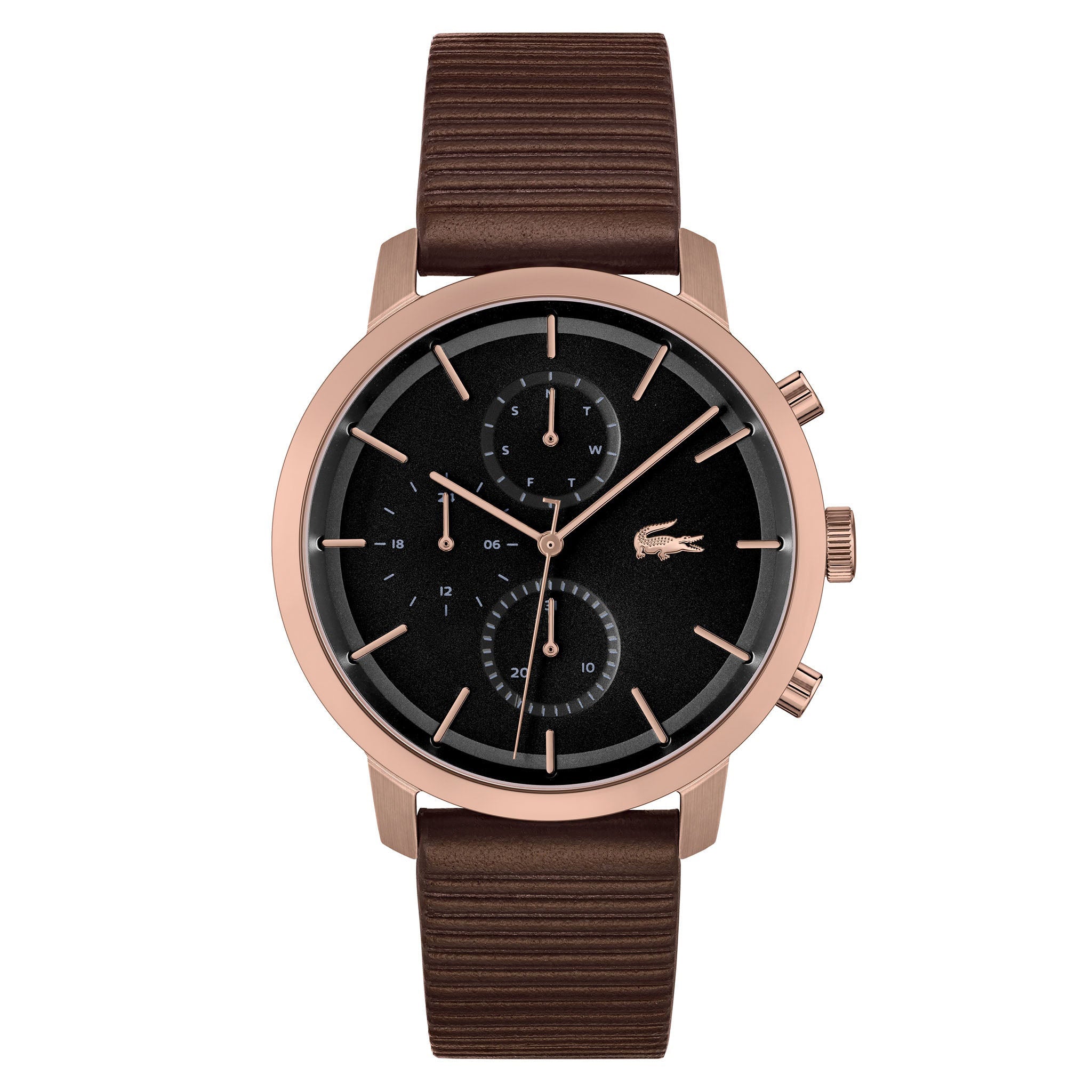 Lacoste Brown Leather Black Dial Multi-function Men's Watch - 2011257